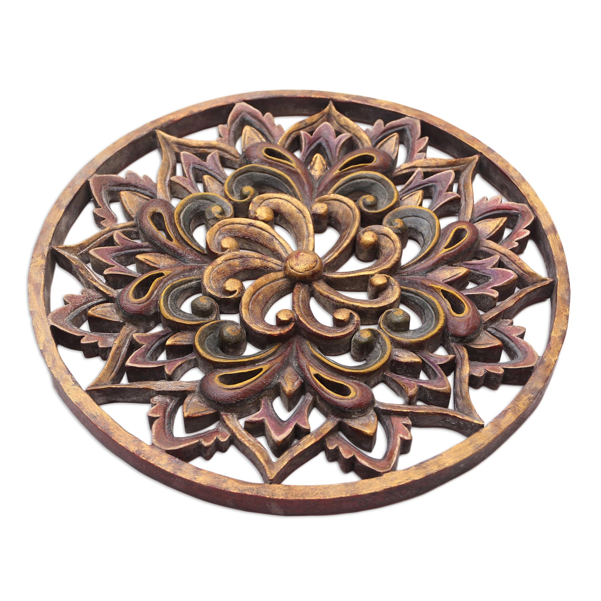 Premium Twilight Flower Hand-Carved Suar Wood Wall Art Panel