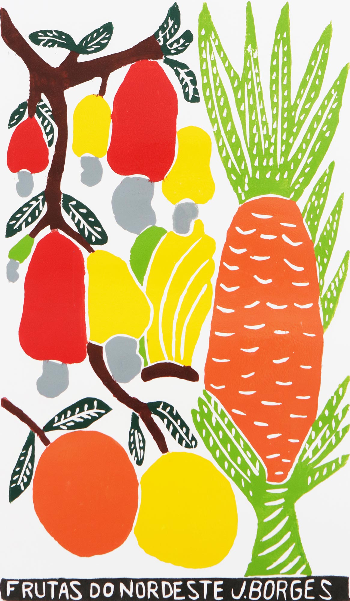 Premium Tropical Fruit Woodcut Print by J. Borges - Vibrant Brazil Artwork