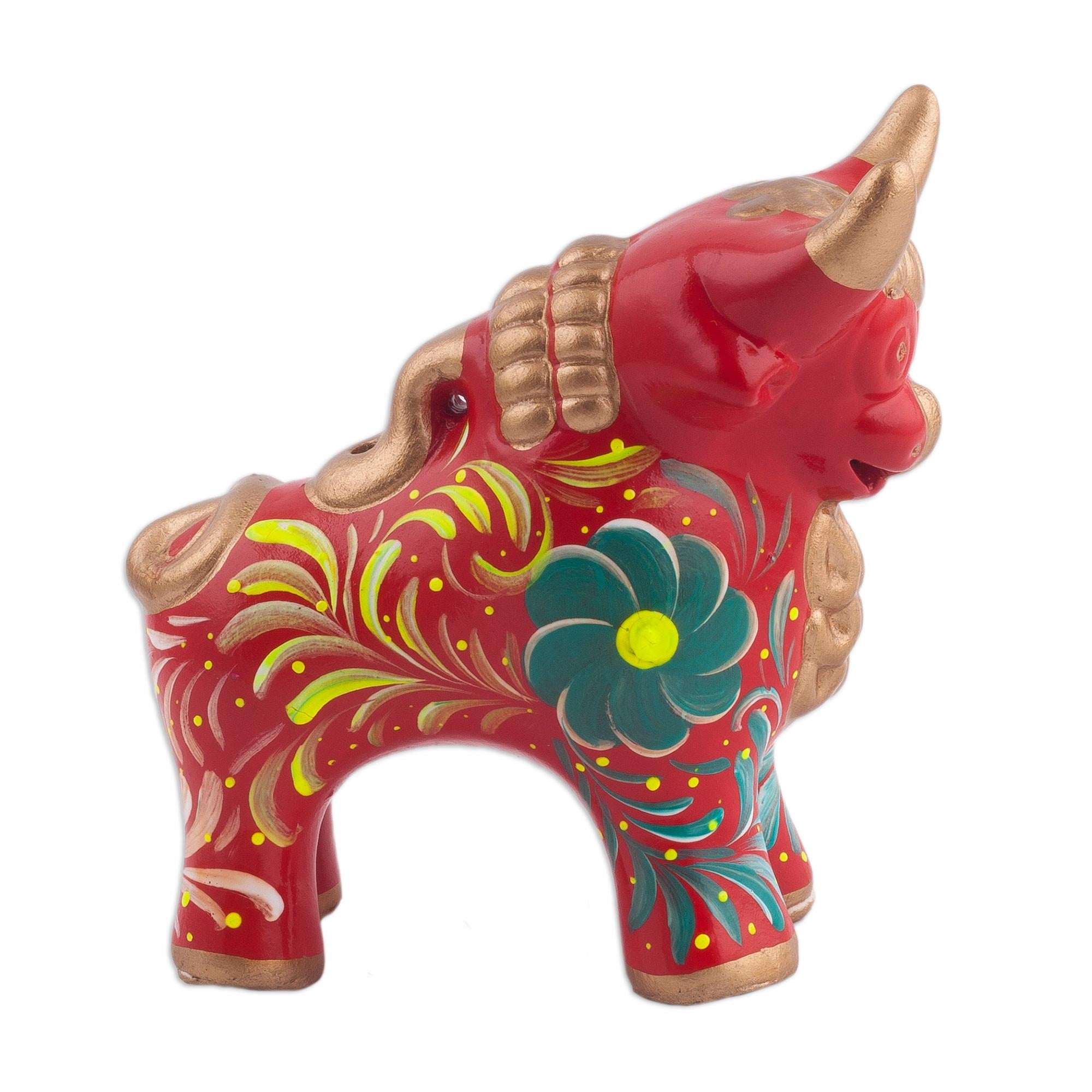 Premium Pucara Bull Sculpture - Handcrafted Red Ceramic with Floral Designs from Peru