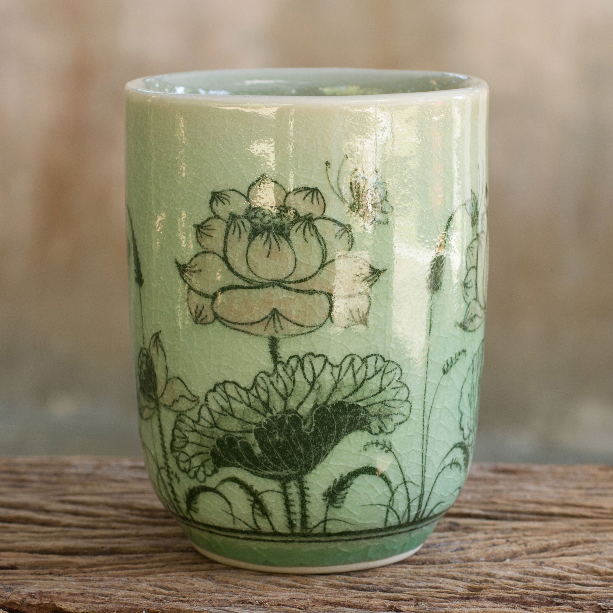 Premium Pink Lotus Butterflies Thai Celadon Teacup – Handcrafted Elegance