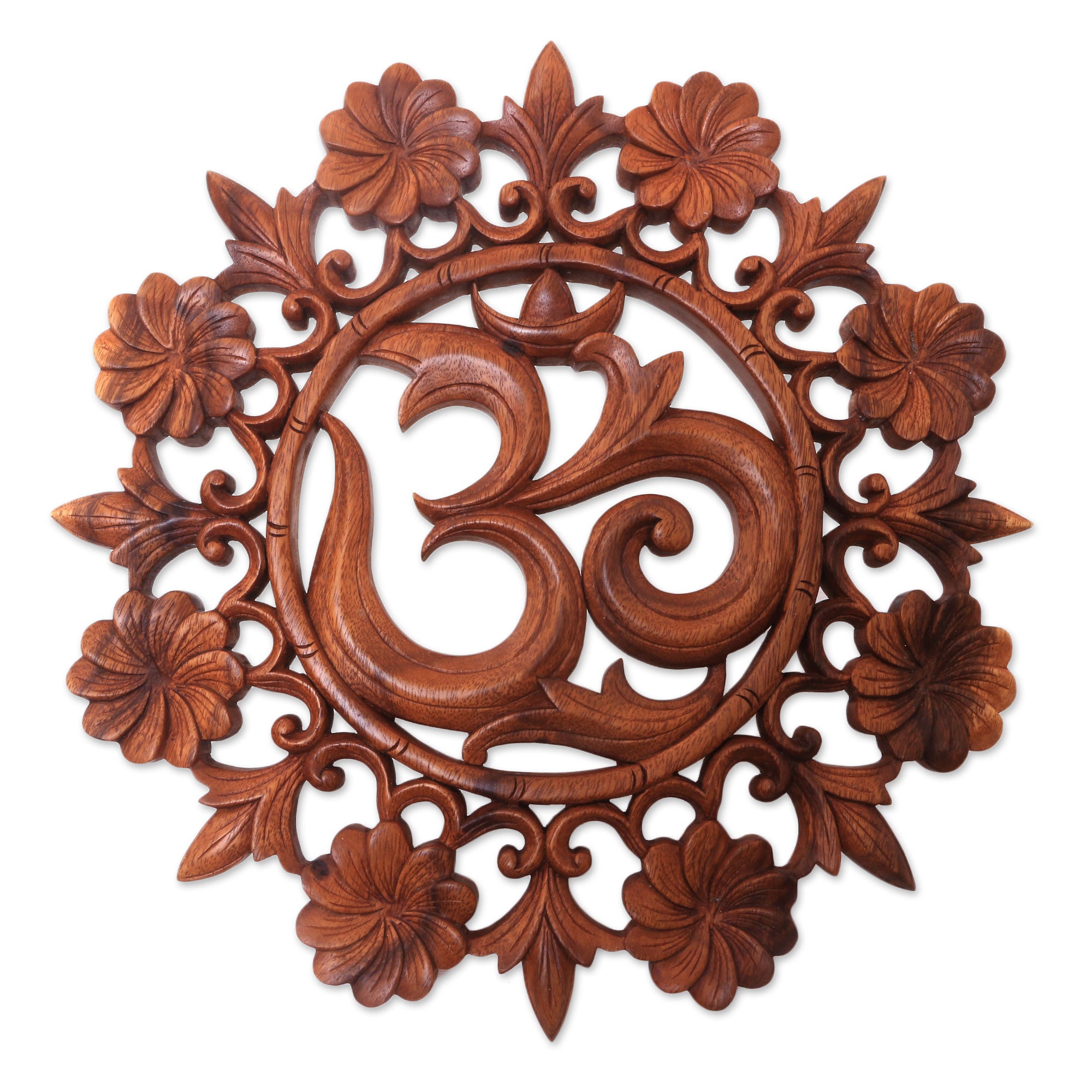Premium Hand-Carved Om Floral Suar Wood Wall Art from Bali