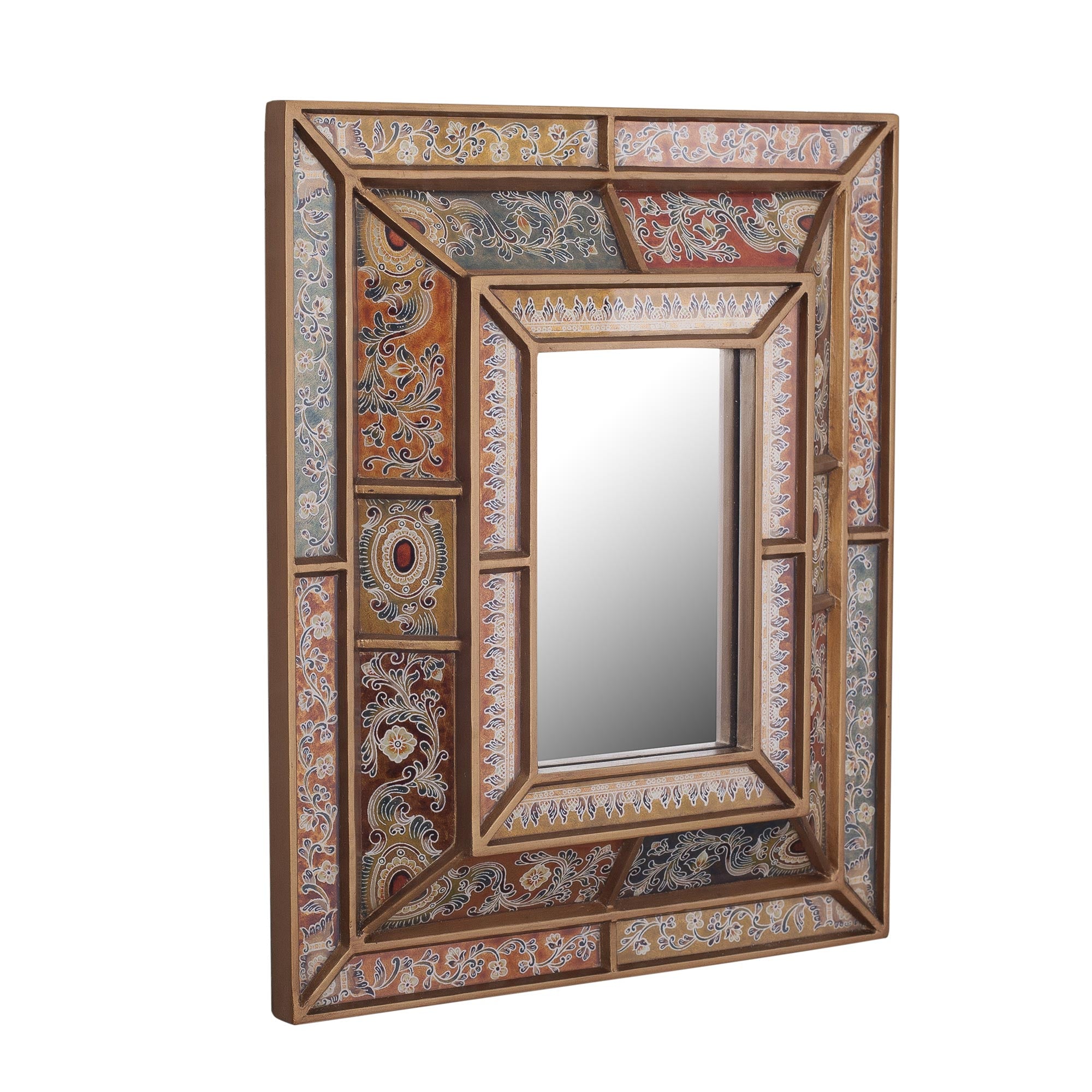Premium Colonial Floral Reverse-Painted Glass Wall Mirror - Handcrafted in Peru
