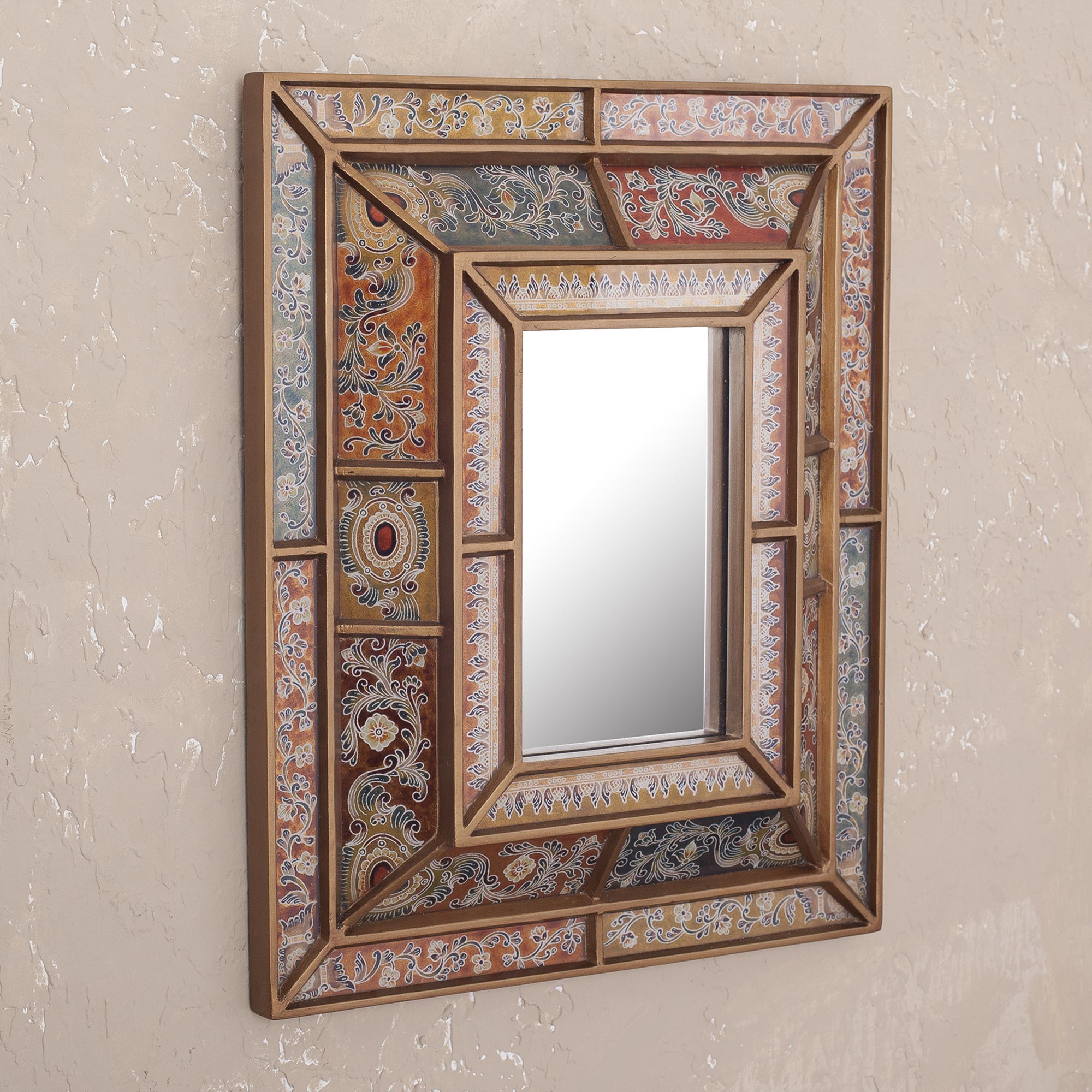 Premium Colonial Floral Reverse-Painted Glass Wall Mirror - Handcrafted in Peru