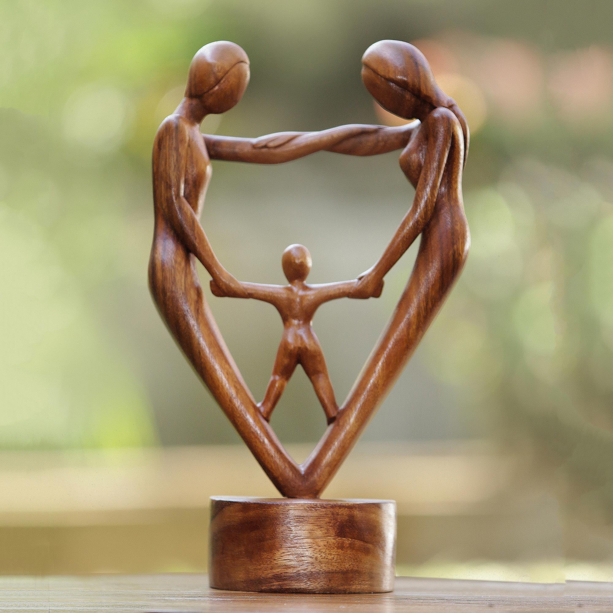 Premium Hand-Carved Suar Wood Family Blessing Statue - Artisan Crafted