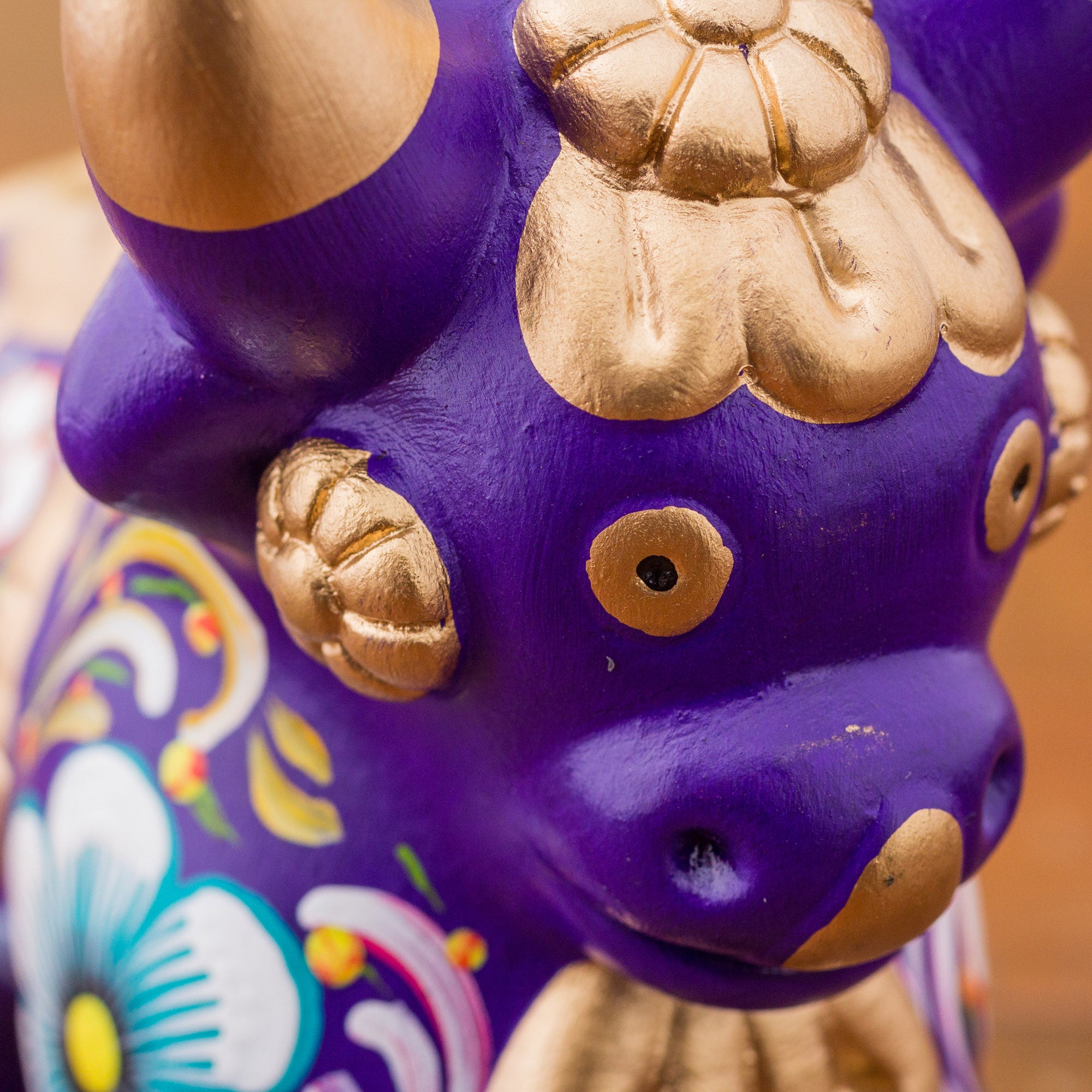 Premium Purple Pucara Bull Ceramic Sculpture - Hand-Painted Floral Art from Peru