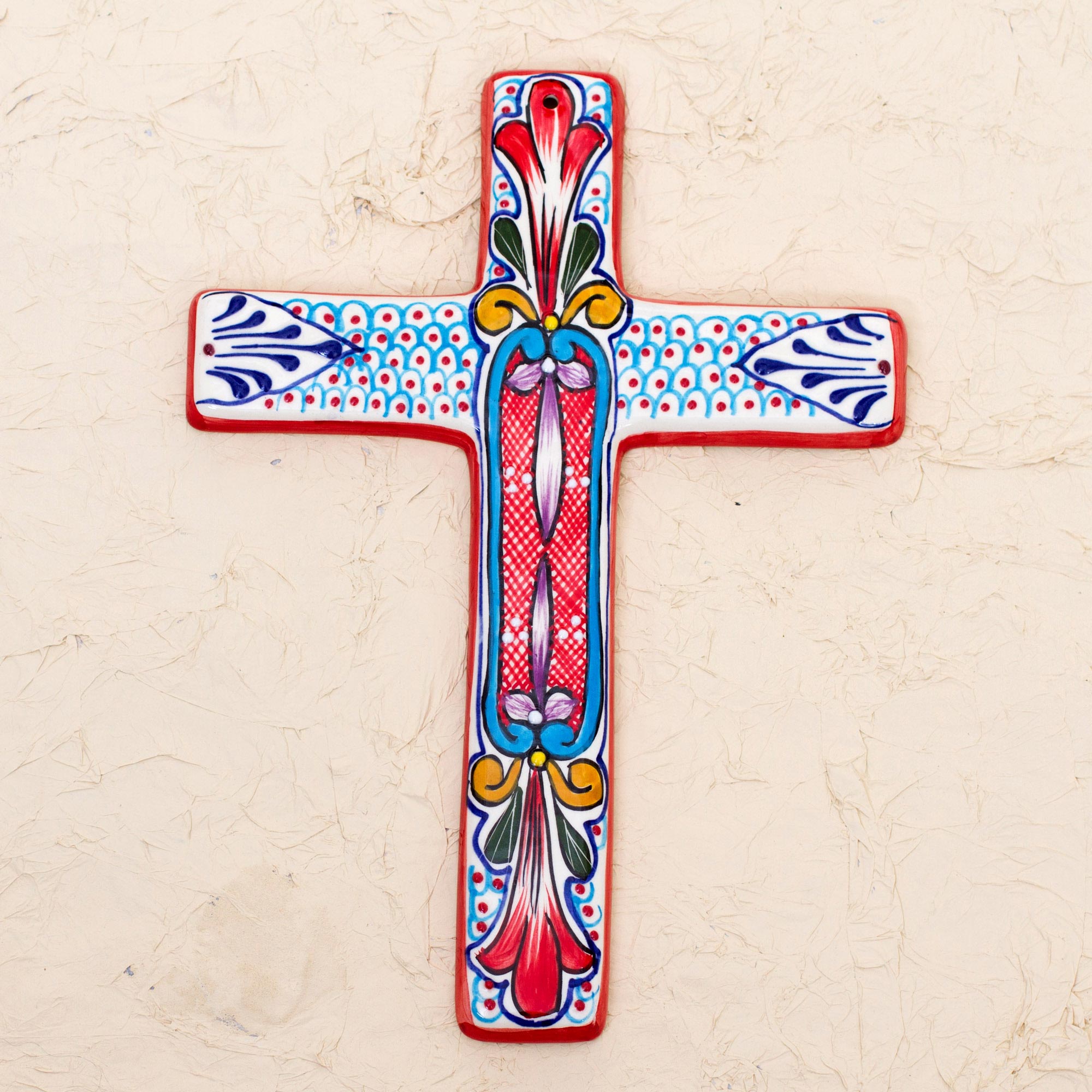 Premium Hand-Painted Red Lily Ceramic Wall Cross – Authentic Mexican Artisan Craft