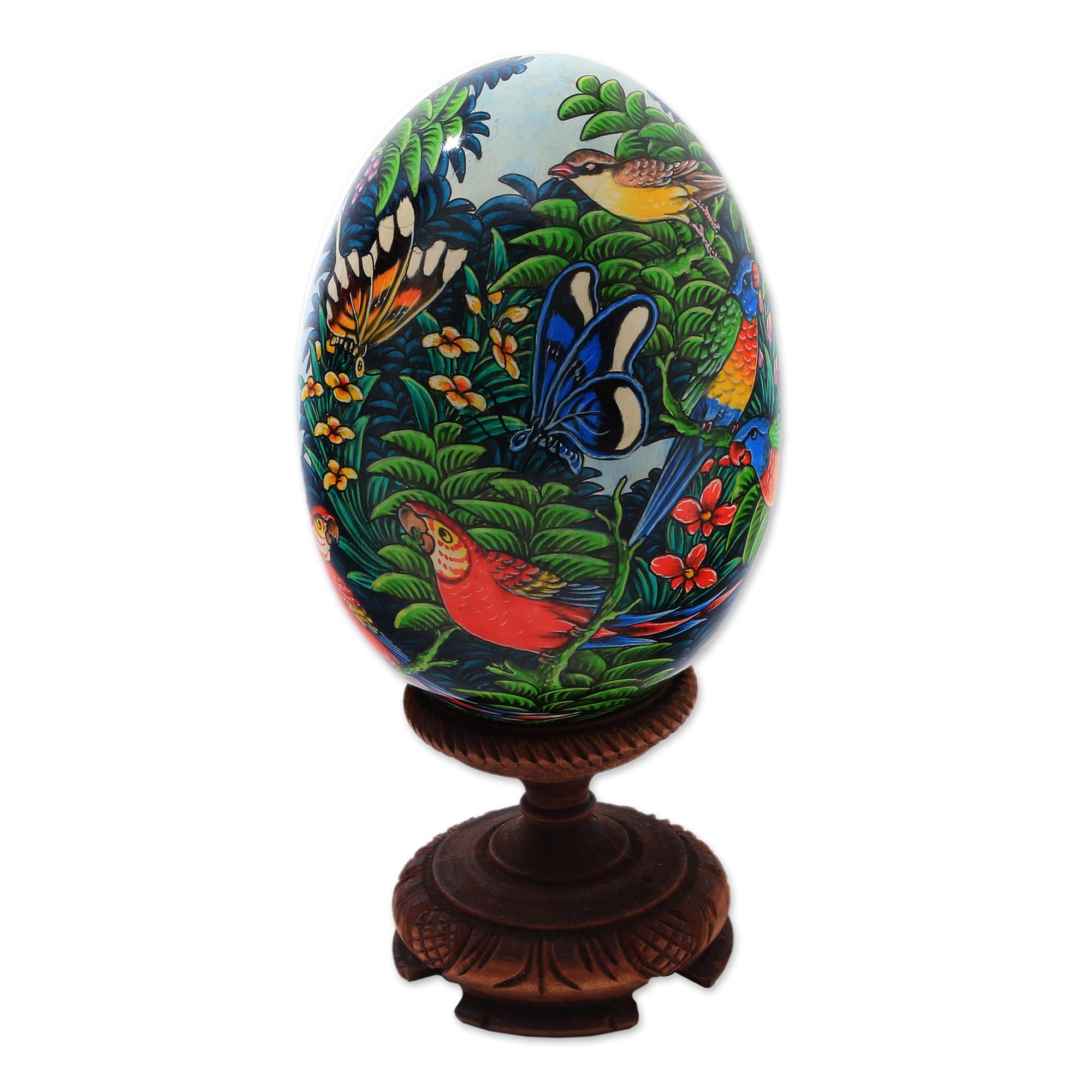 Premium Hand-Painted Albesia Wood Forest Animal Egg Sculpture - Unique Artisan Craft