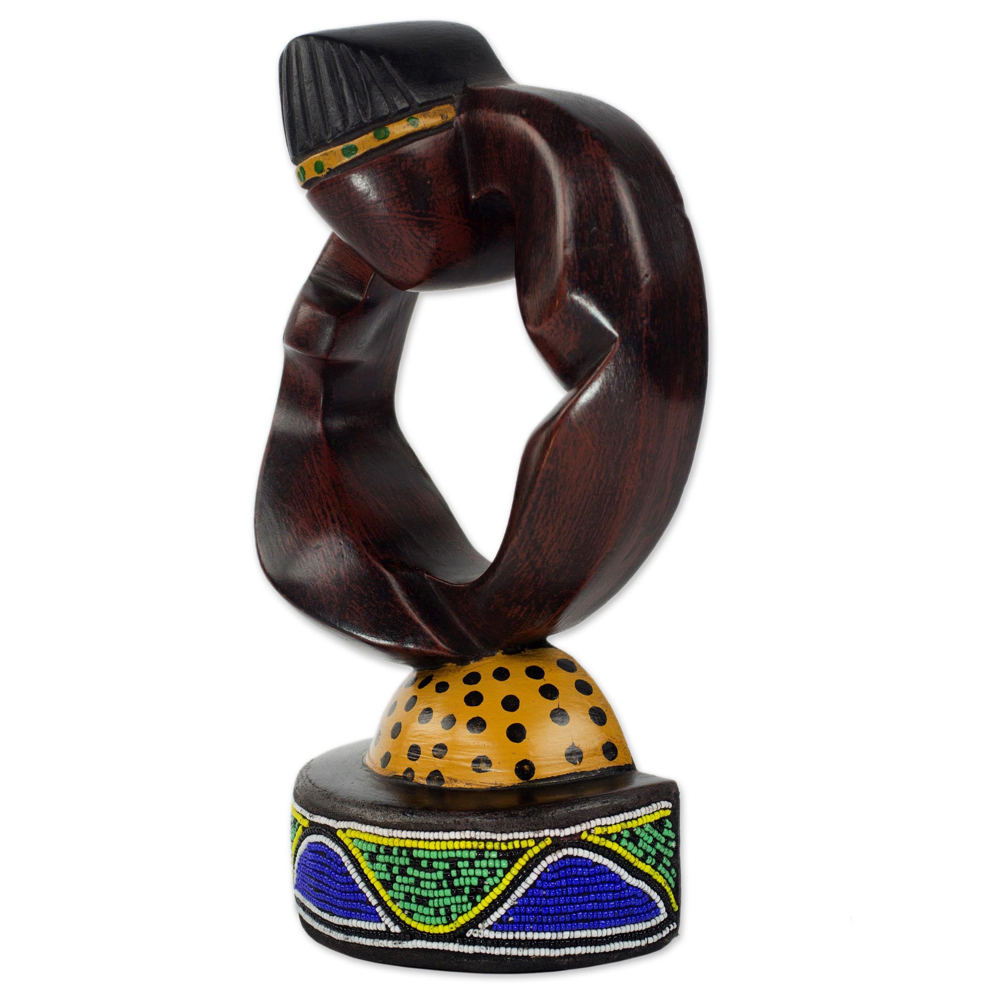 Premium Hand-Carved Ikenna Wooden Sculpture with Recycled Glass Beads