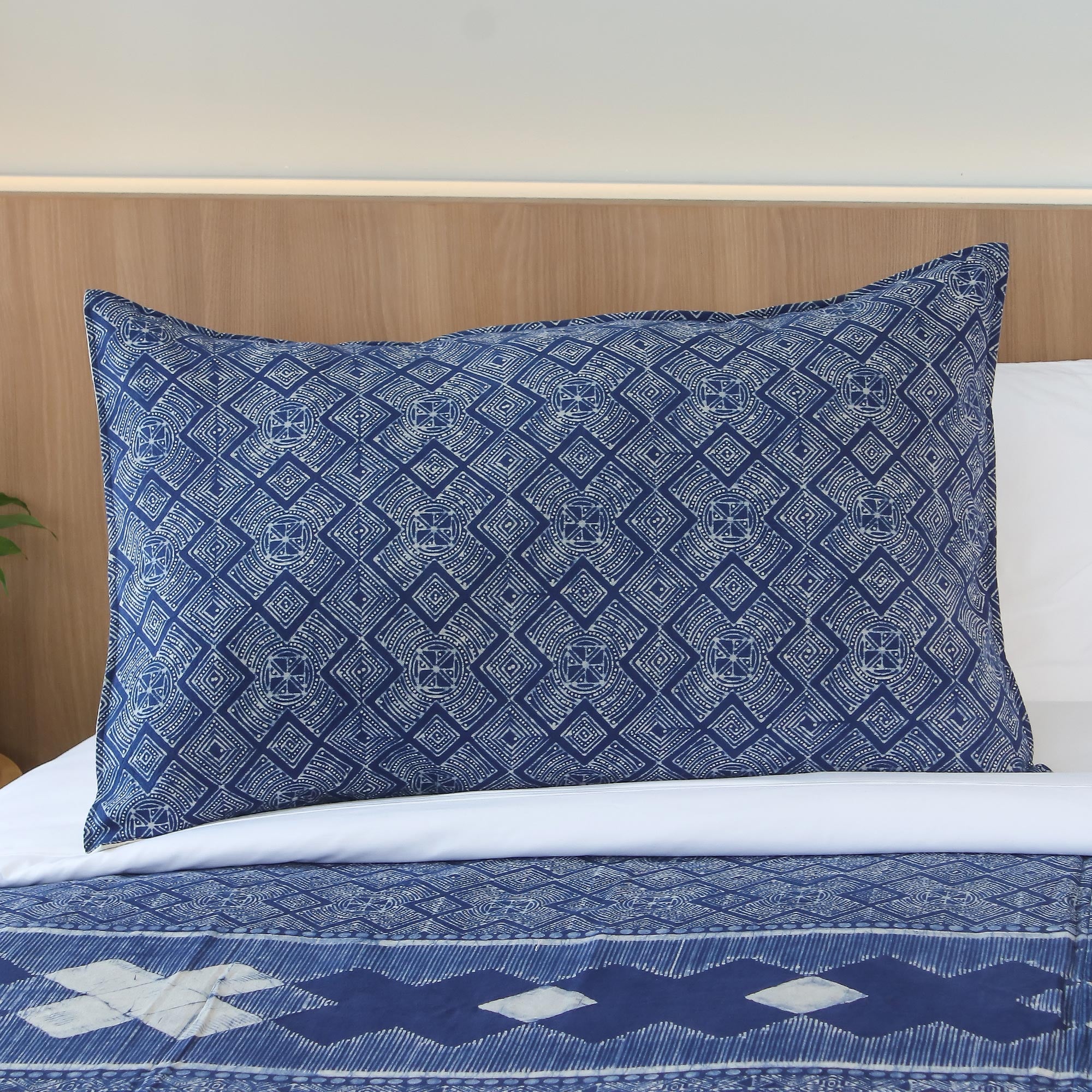 Premium Indigo Geometric Batik Cotton Pillow Sham – Handcrafted in Thailand