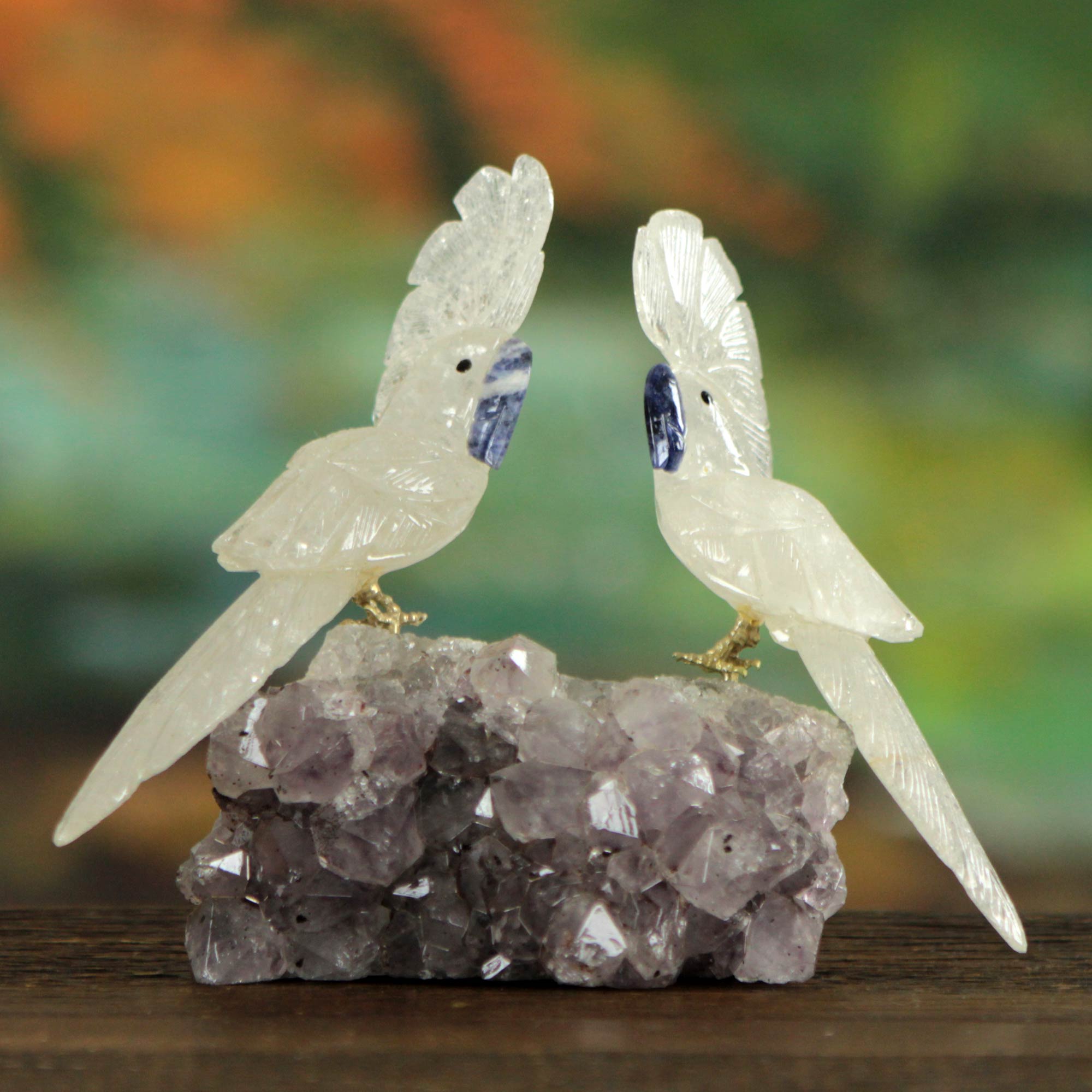 Premium Handcrafted Cockatoo Couple Sculpture - Quartz & Amethyst Gemstone Art