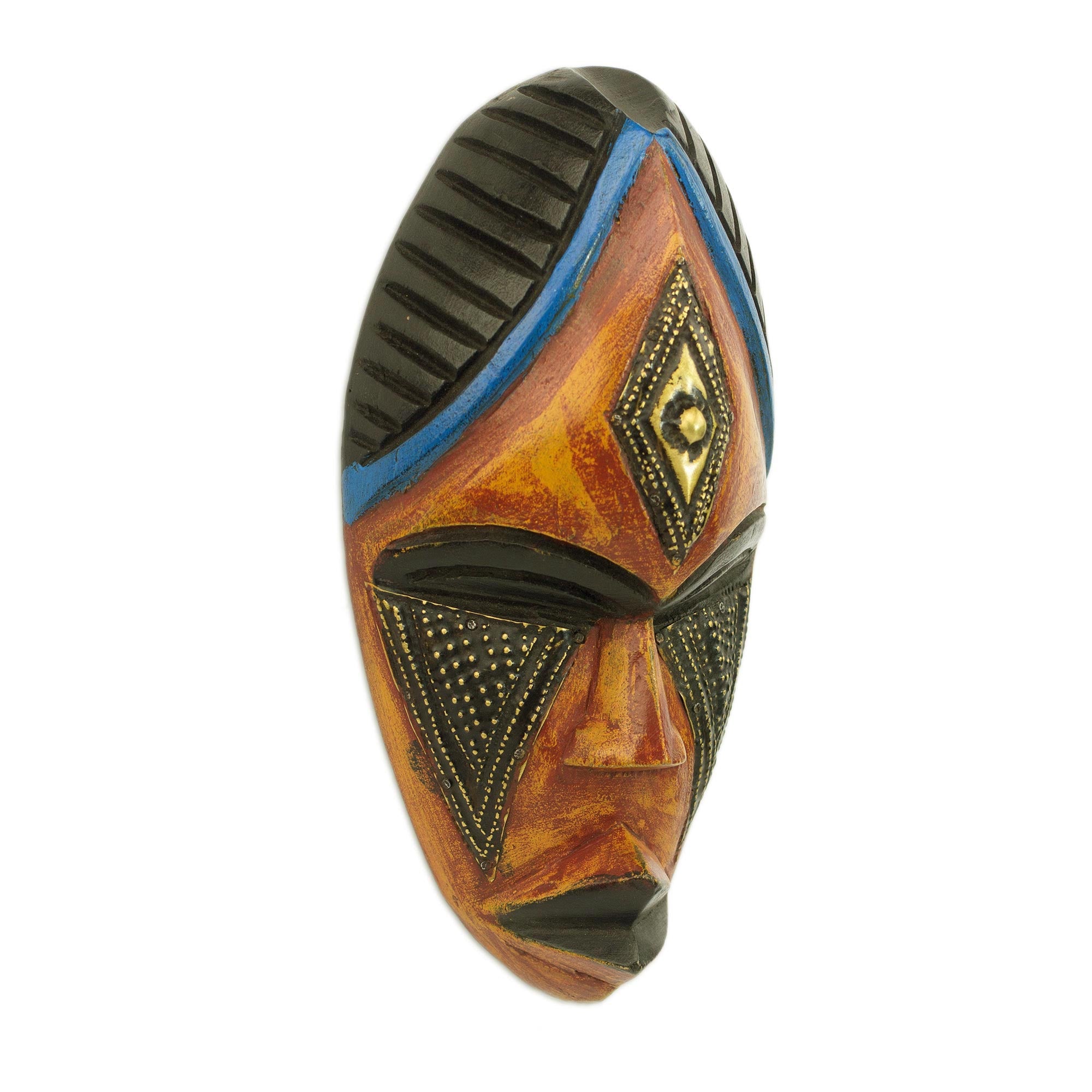 Premium Hand-Carved African Sese Wood Joy Mask with Brass Accents
