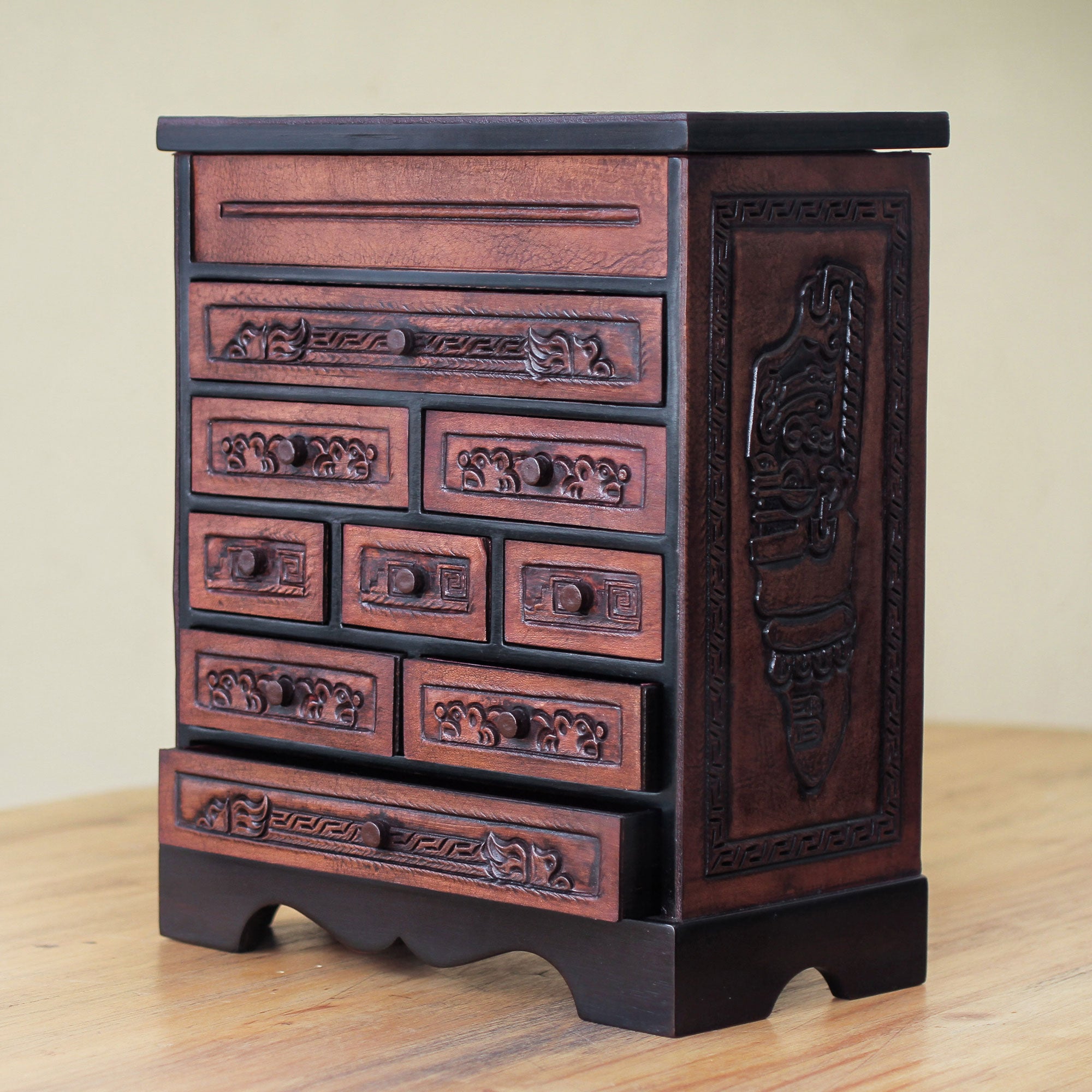 Premium Cedar & Brown Leather Jewelry Box with Mirror & Drawers
