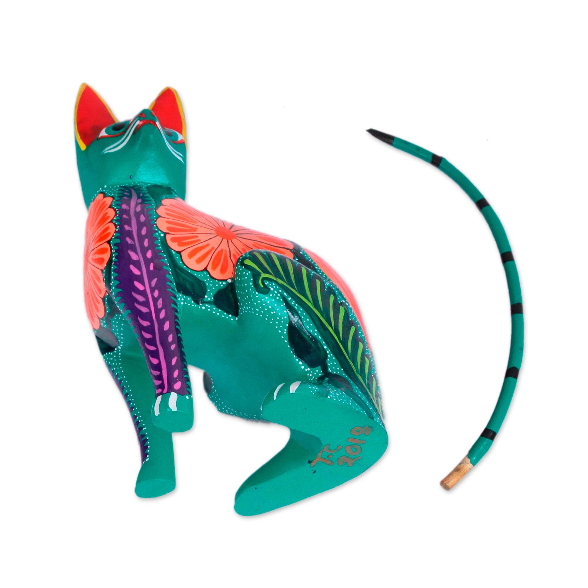 Premium Handcrafted Floral Alebrije Cat Figurine - Authentic Mexican Artisan Craft