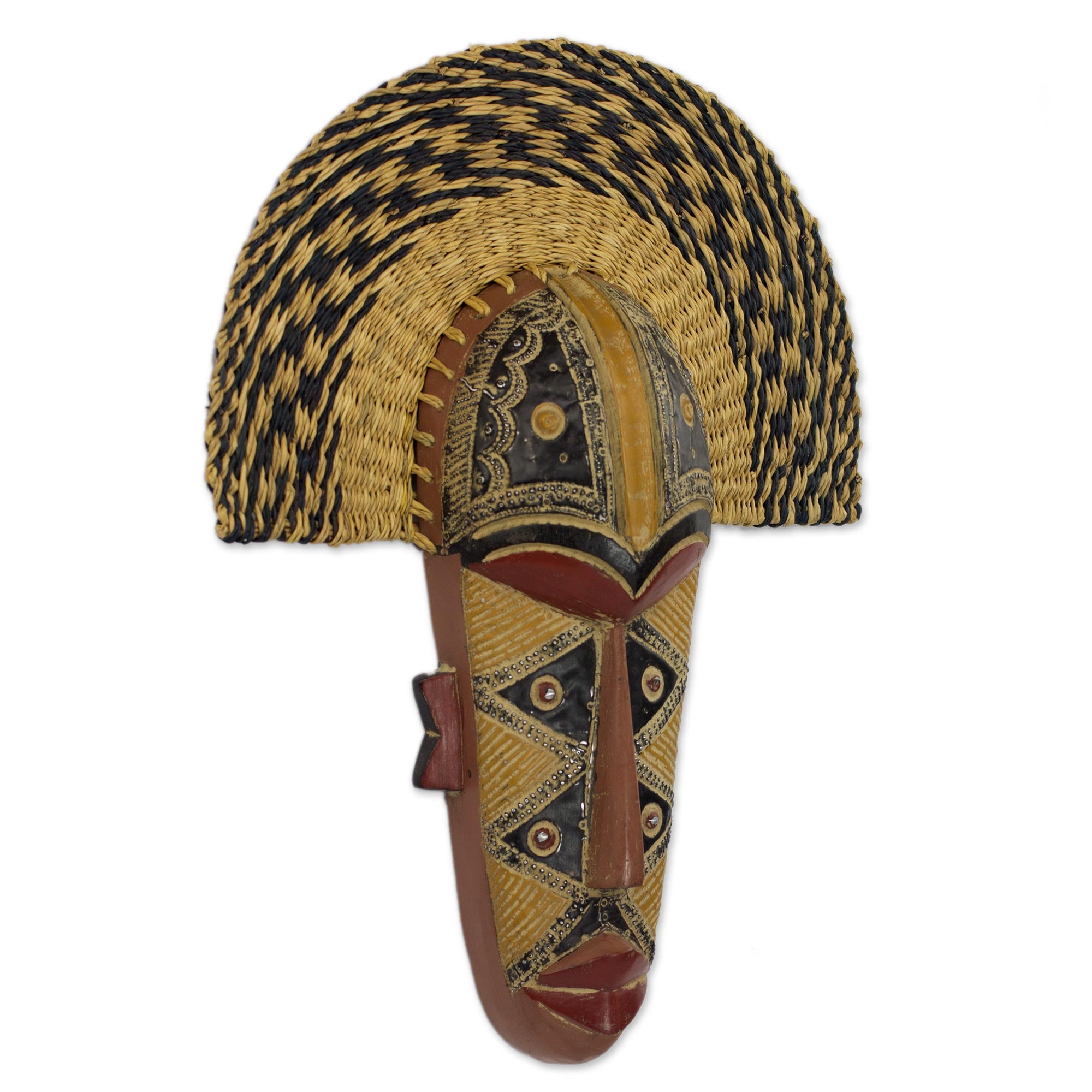 Premium Handcrafted African Prosperity Mask with Wood & Raffia Accents