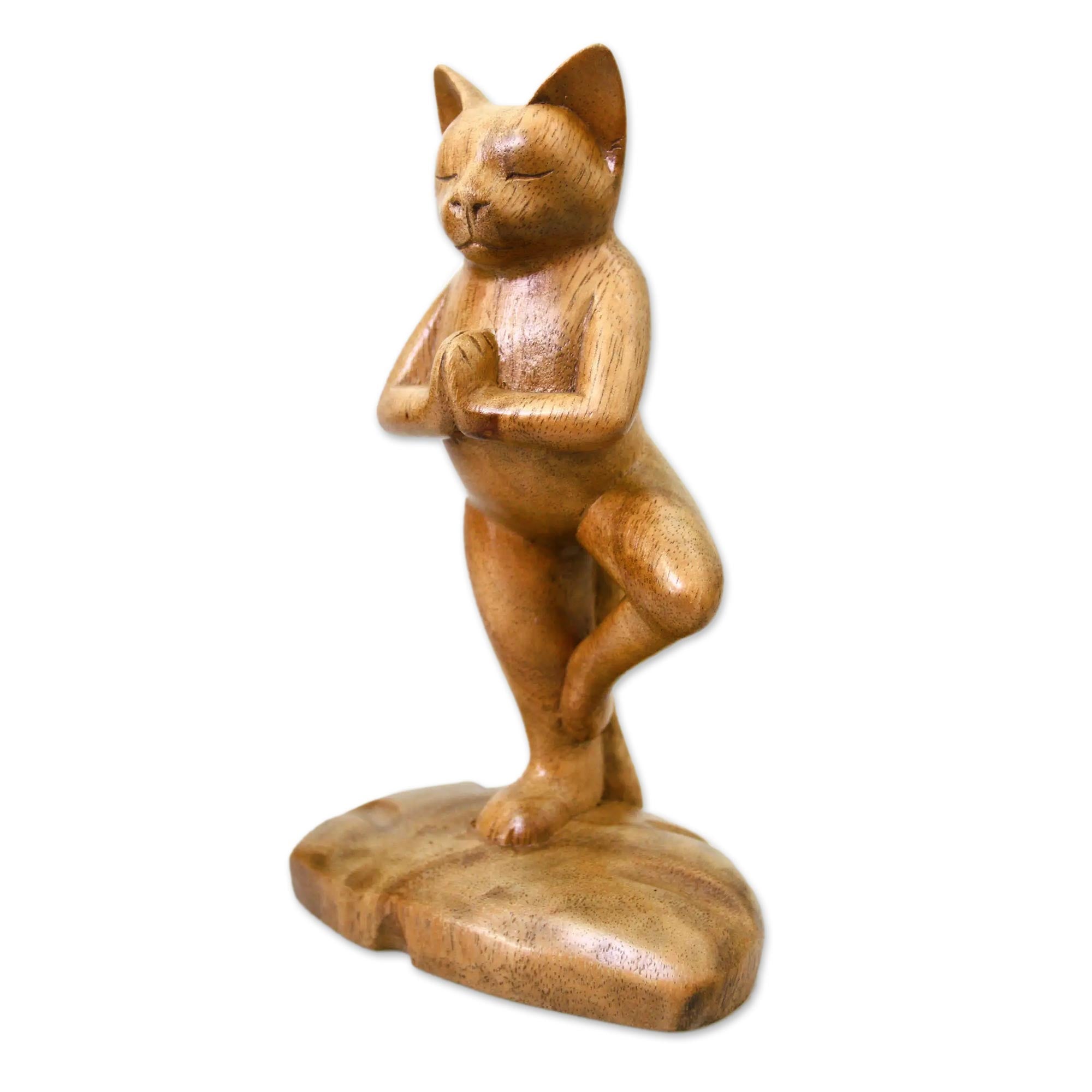 Premium Tree Pose Yoga Cat Statue - Handcrafted Suar Wood Art