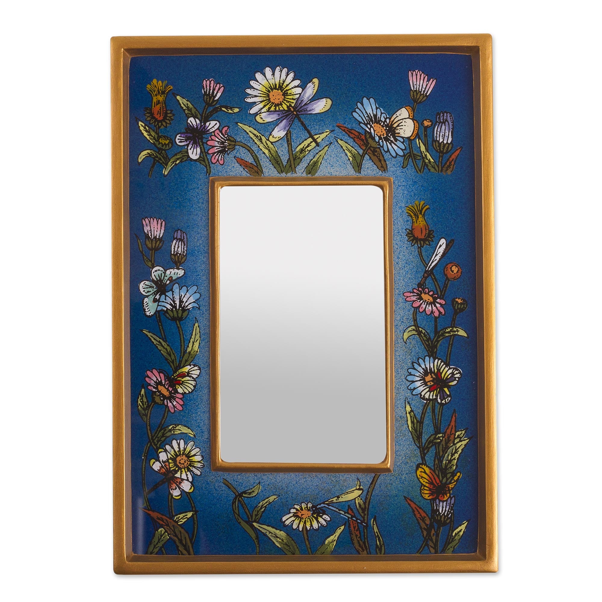 Premium Hand-Painted Floral Wall Mirror - Blue Fields Design
