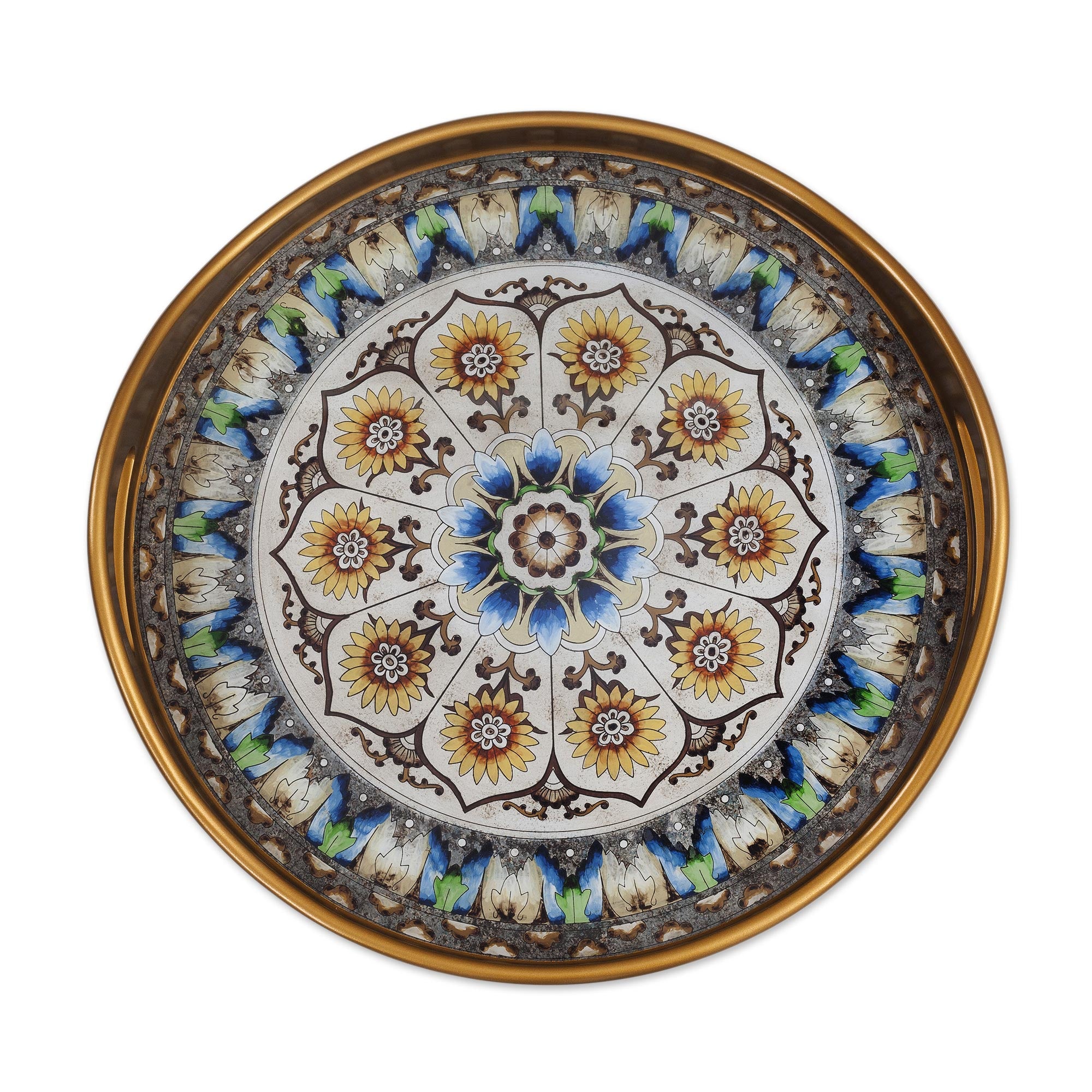 Premium Andean Mandala Reverse-Painted Glass Tray - Blue & Gold Artisan Design