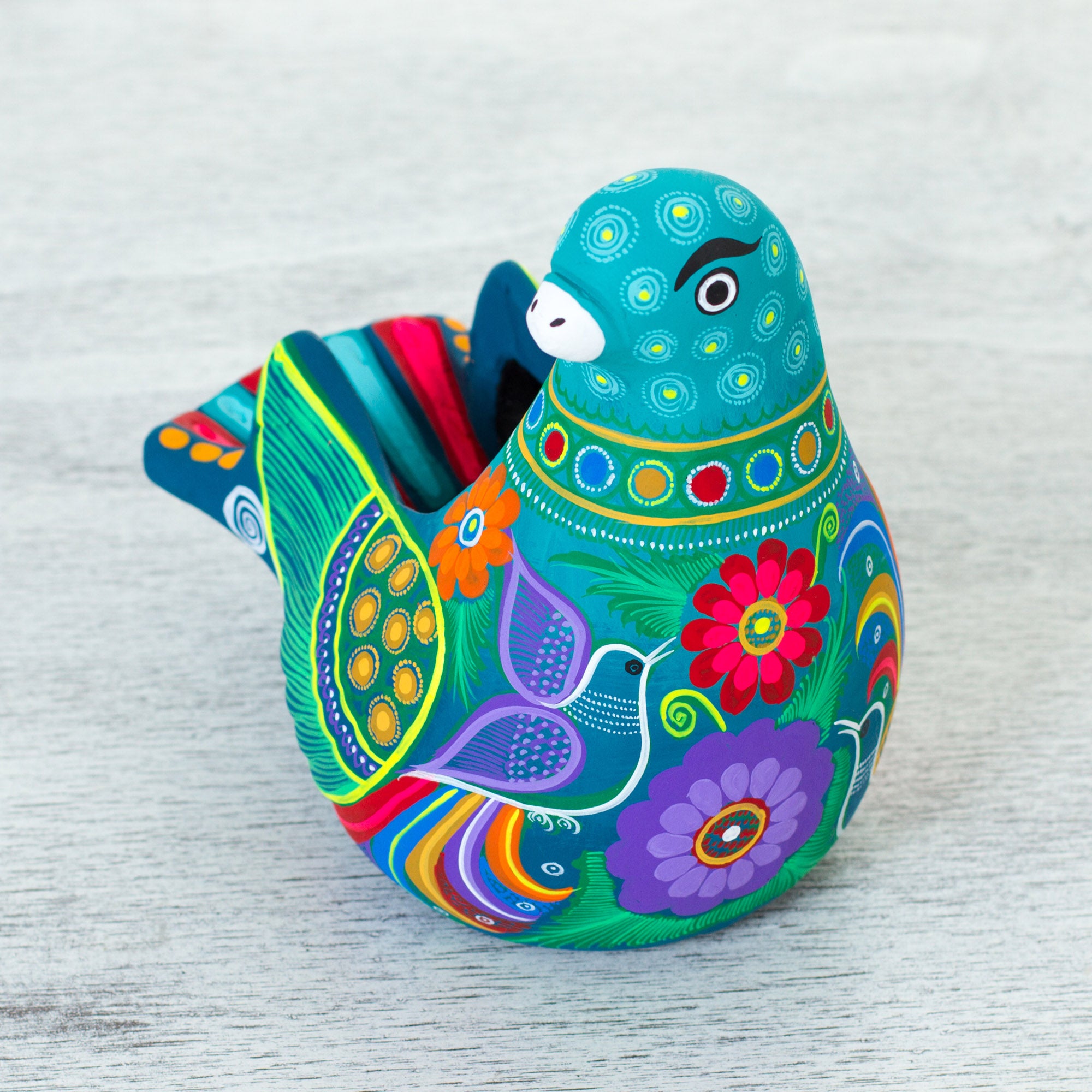 Premium Teal Dove Ceramic Sculpture - Hand-Painted Floral Art from Mexico
