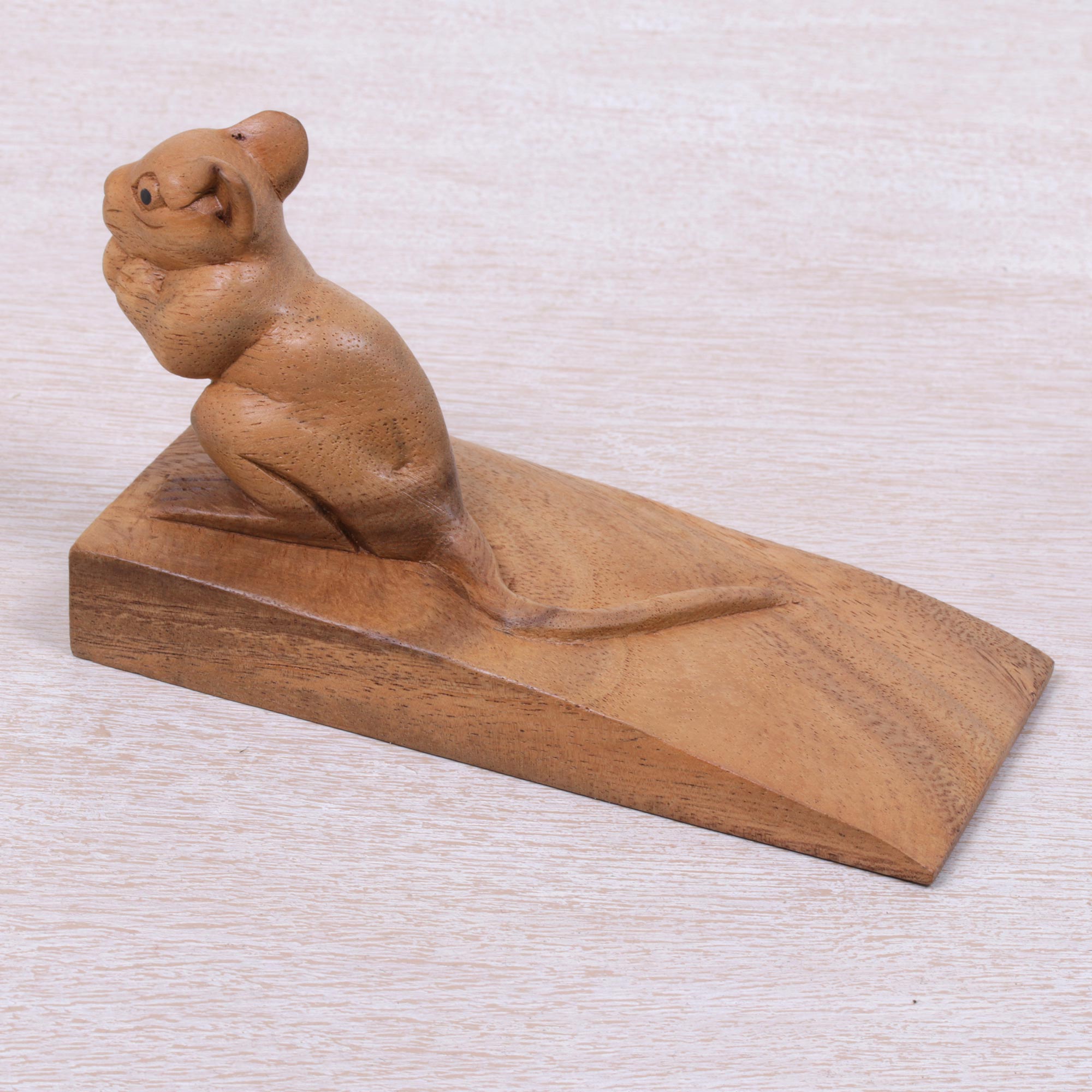 Premium Hand-Carved Wooden Mouse Door Stopper - Natural Brown Finish