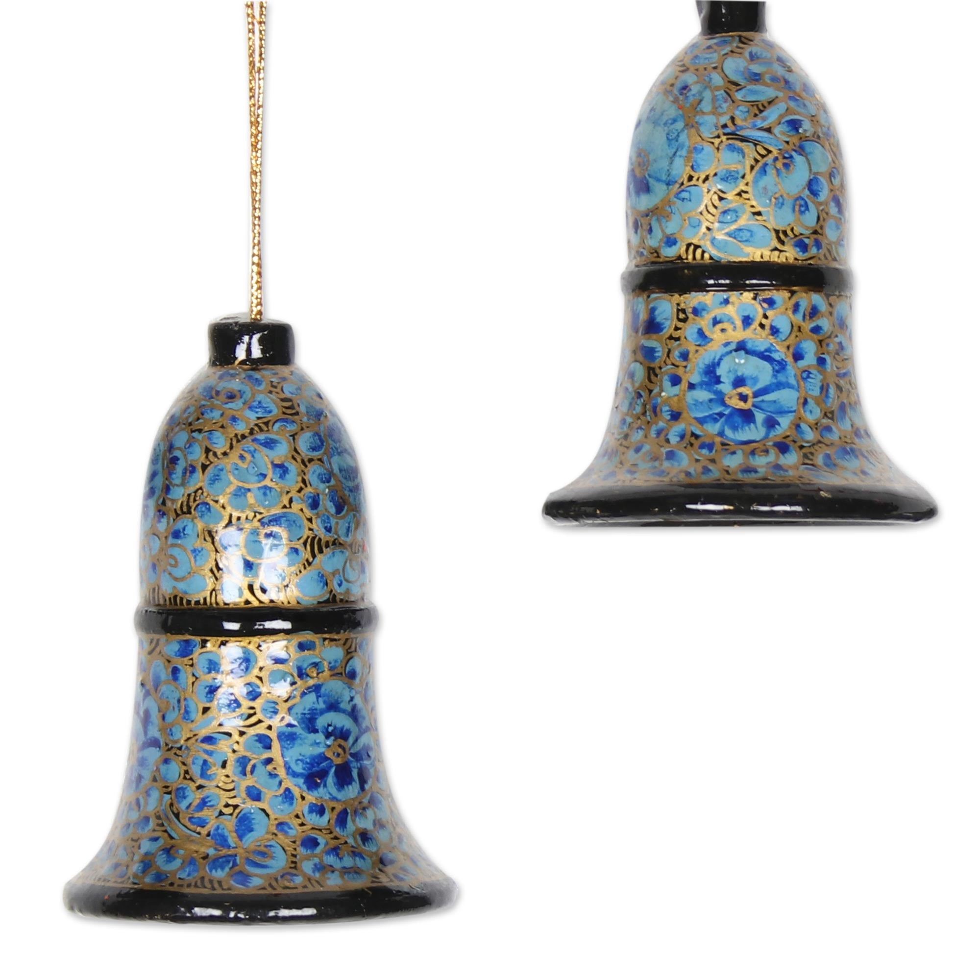 Premium Blue Bloom Papier Mache Bell Ornaments - Handcrafted Set of 4 from Kashmir