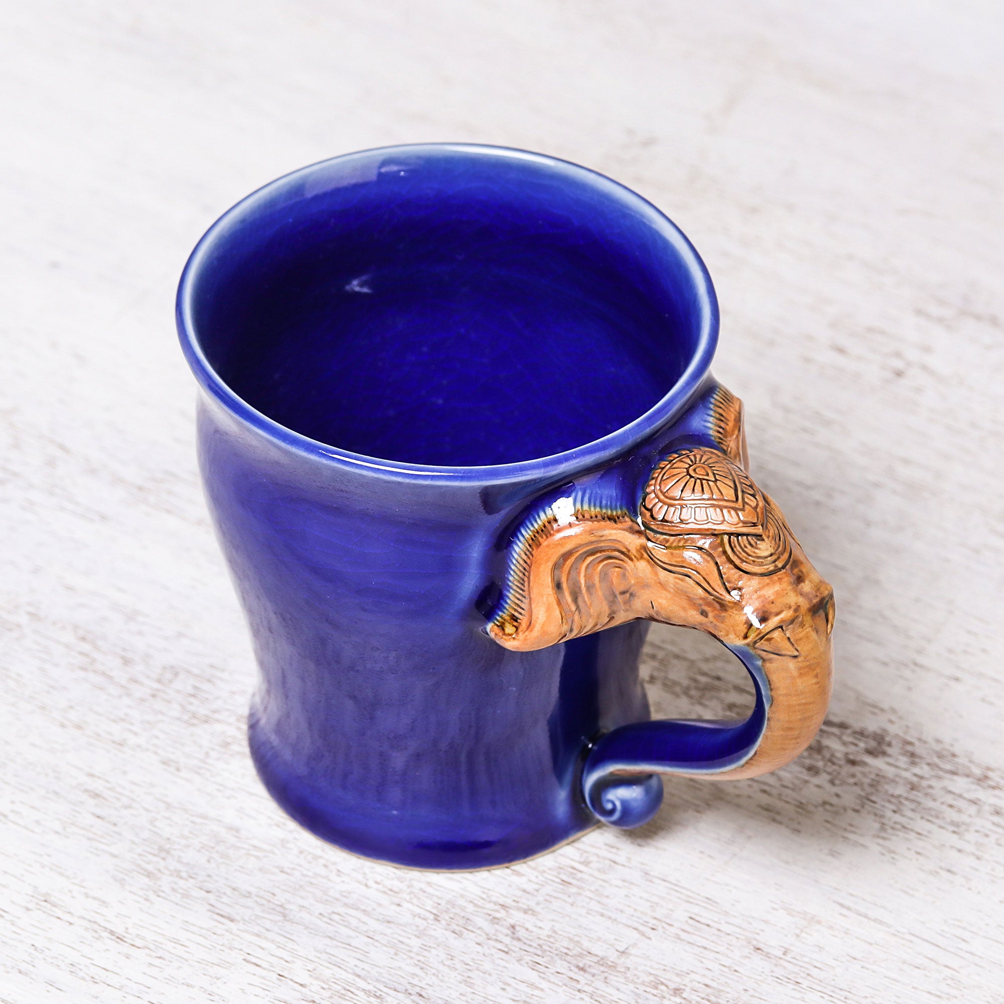 Premium Elephant Handle Ceramic Mug - Blue Celadon, Handcrafted in Thailand (10 oz)