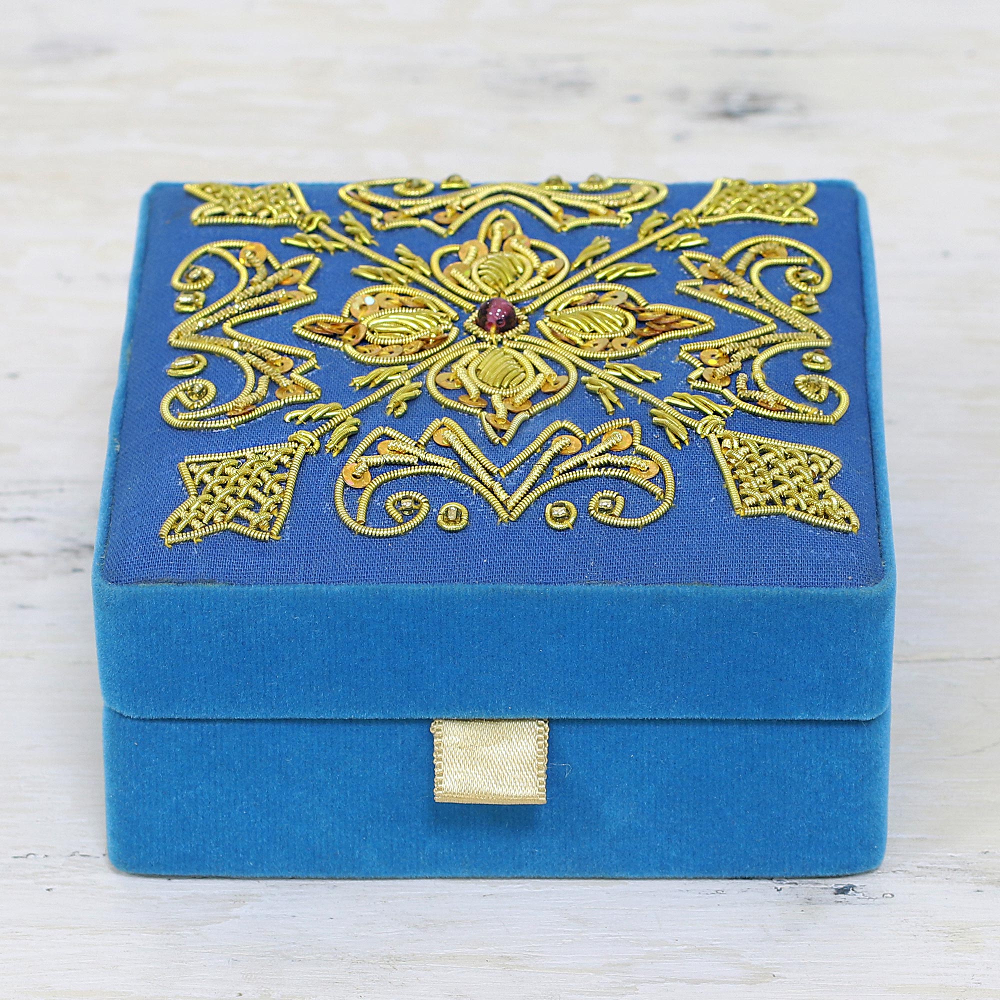 Premium Royal Sky Blue Embroidered Wood Box - Handcrafted in India