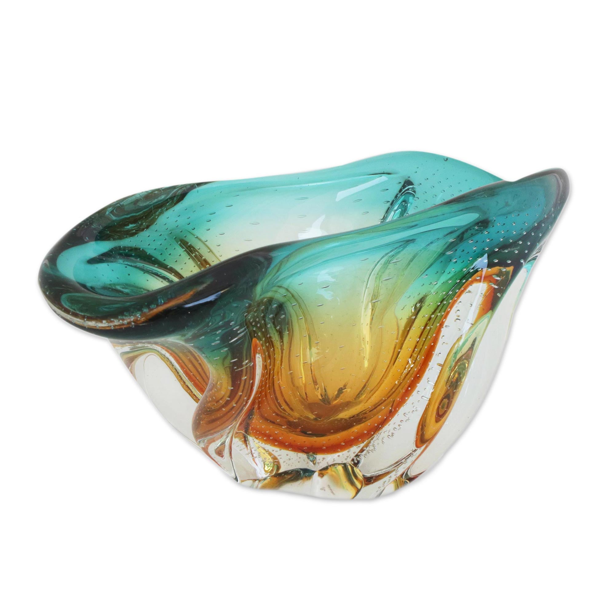 Premium Murano-Style Hand-Blown Glass Bowl in Amber & Blue - Unique Brazilian Artistry