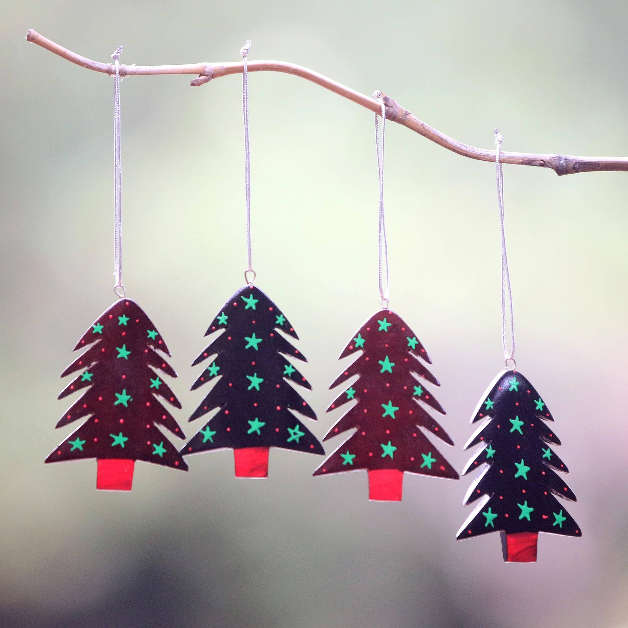 Premium Hand-Painted Mahogany Tree Ornaments - Set of 4 (Starlit Collection)