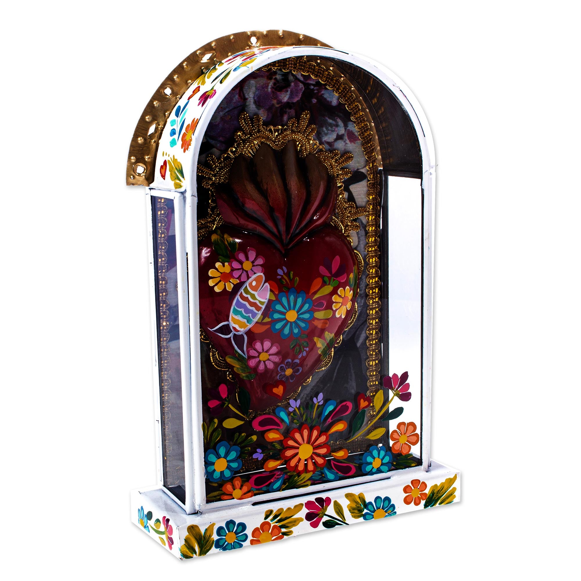 Premium Sacred Heart Wall Niche - Hand-Painted Wood & Tin Folk Art
