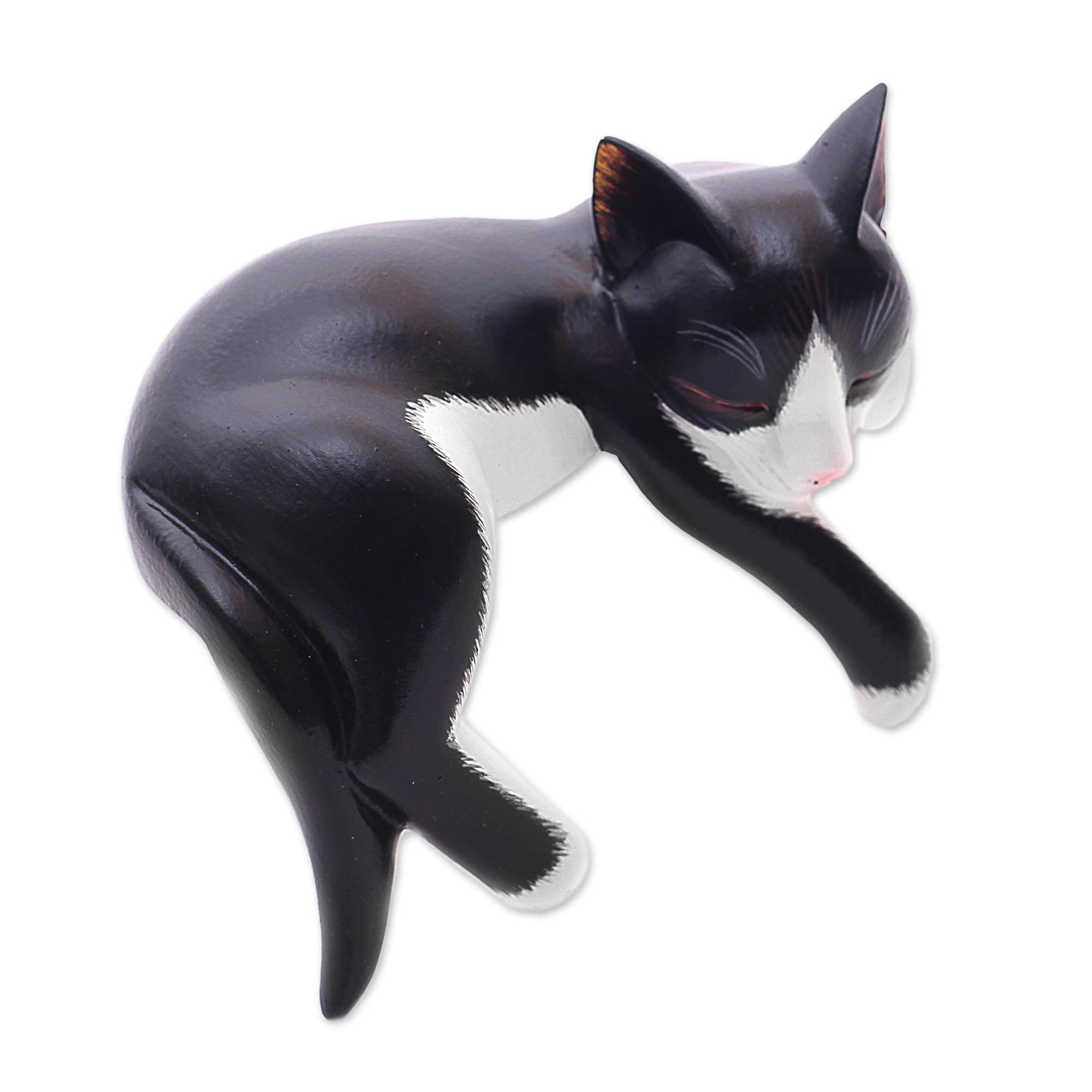 Premium Hand-Carved Balinese Tuxedo Cat Sculpture – Signed Artisan Piece
