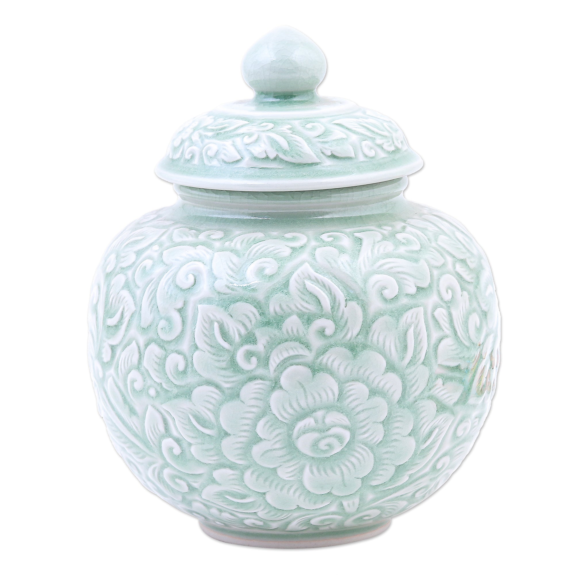 Premium Celadon Floral Ceramic Jar - Handcrafted Artisan Elegance
