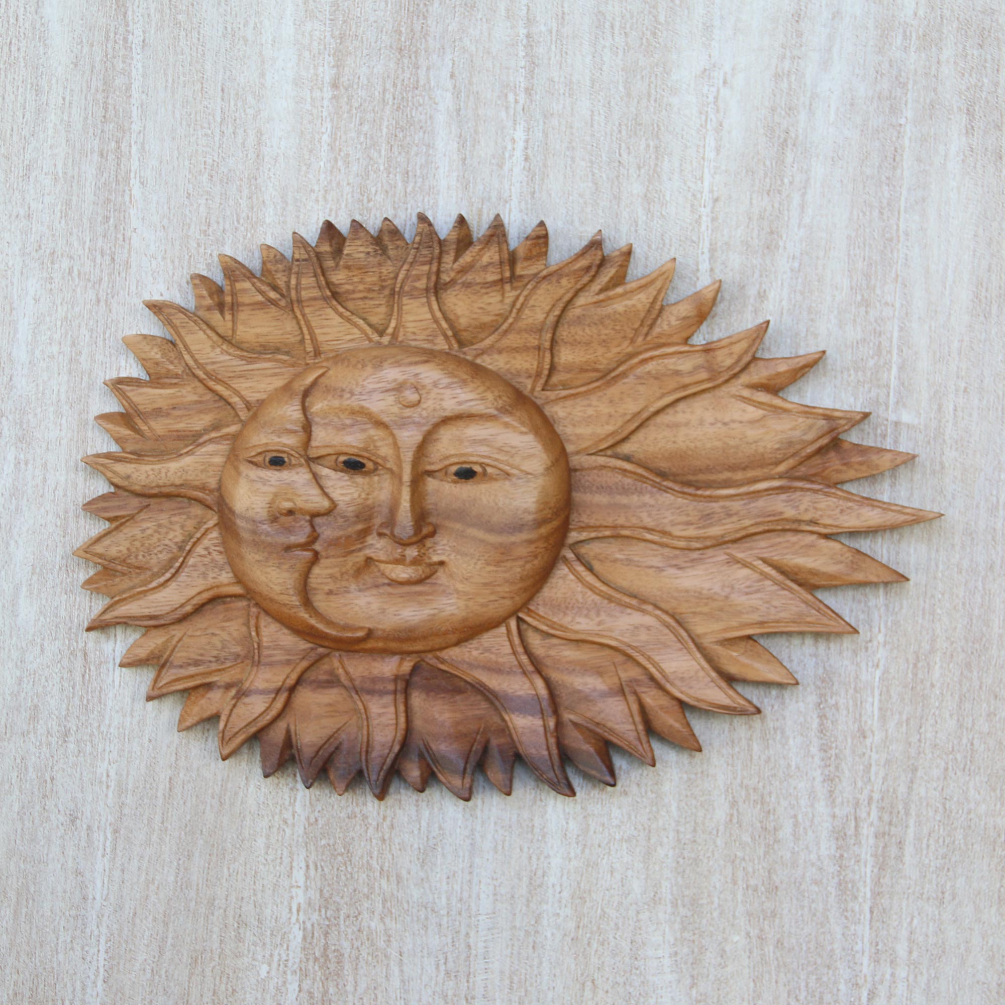 Premium Lunar Solar Artisan Wall Relief - Hand-Carved Sun & Moon Panel from Bali