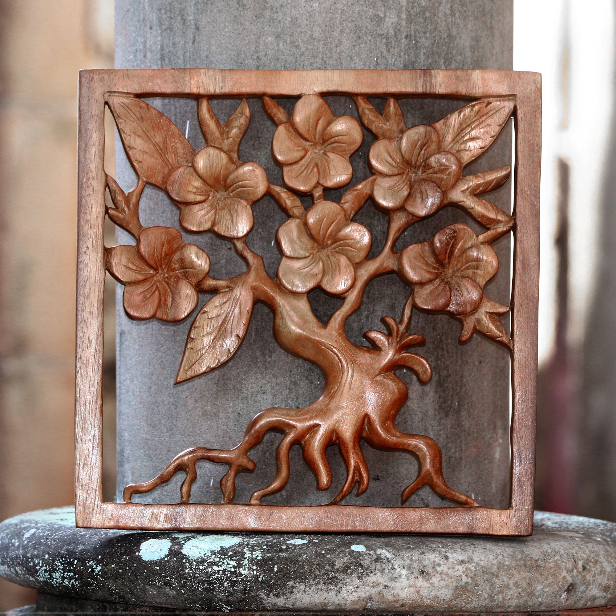 Premium Hand-Carved Plumeria Tree Wood Wall Art – Suar Wood Relief Panel