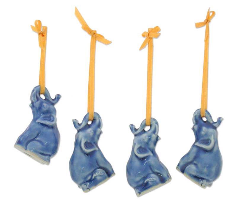 Premium Celadon Ceramic Christmas Ornaments - Blue Elephant Set of 4