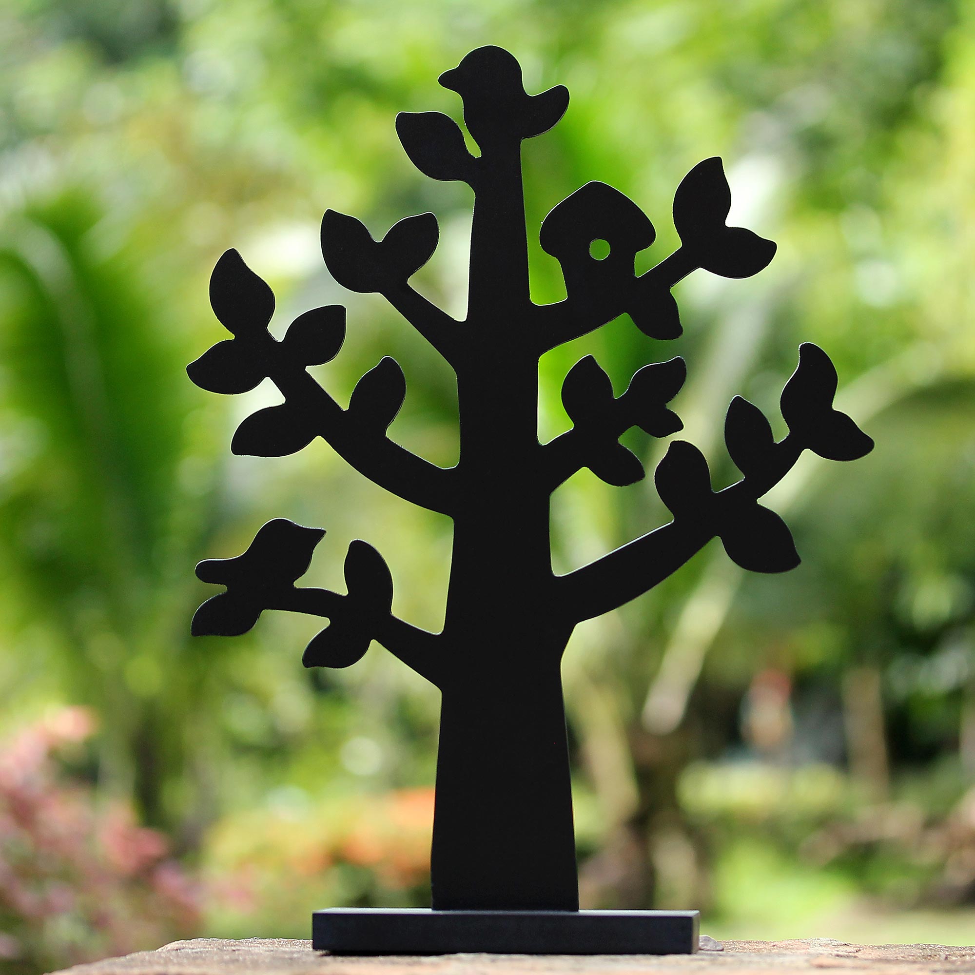 Premium Black Wood Jewelry Tree with Birdhouse - Handcrafted in Thailand