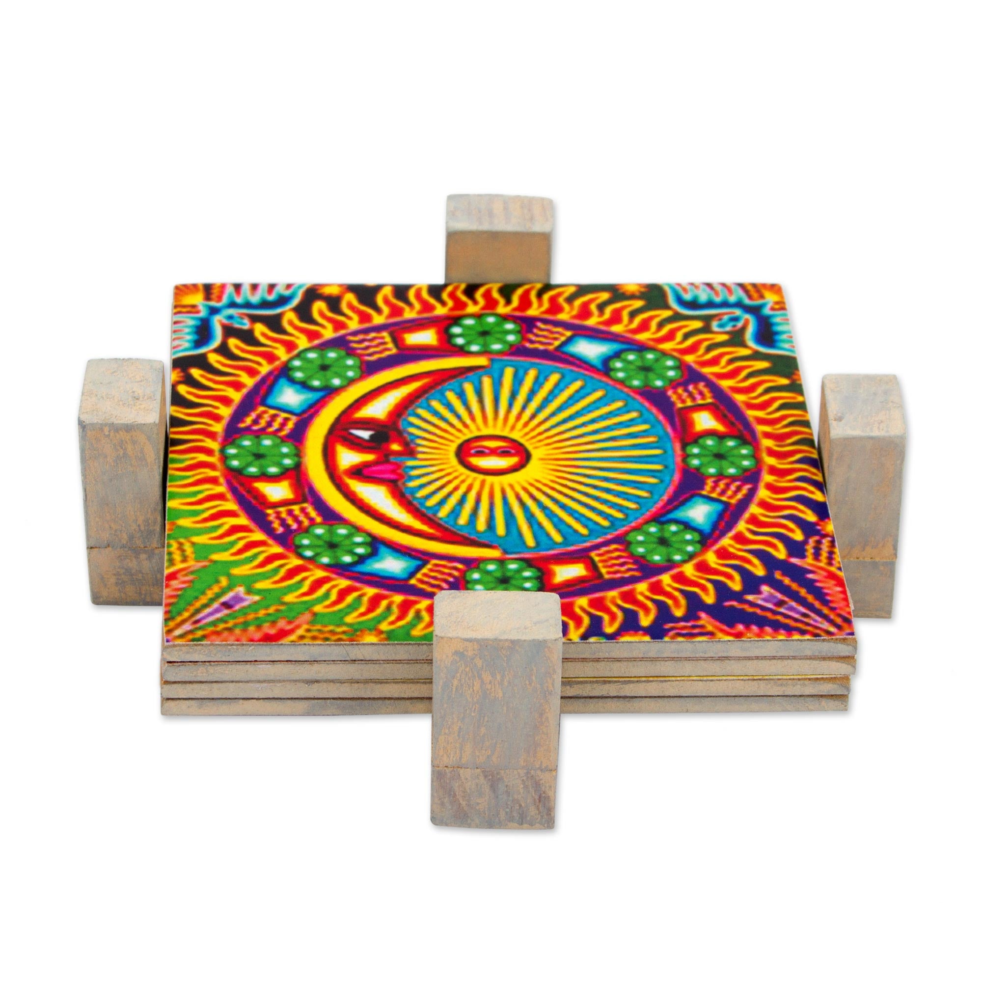 Premium Huichol Sun & Moon Coaster Set – Handcrafted Mexican Pinewood Decor