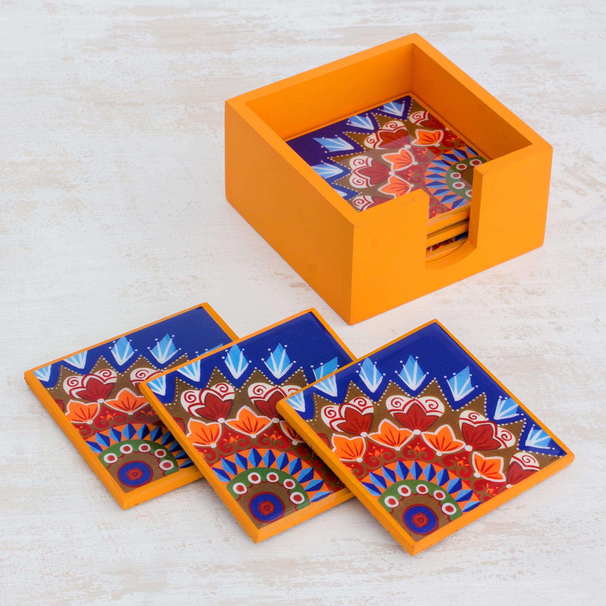 Premium Handcrafted Wood Coasters Set - Vibrant Yellow Design from Costa Rica