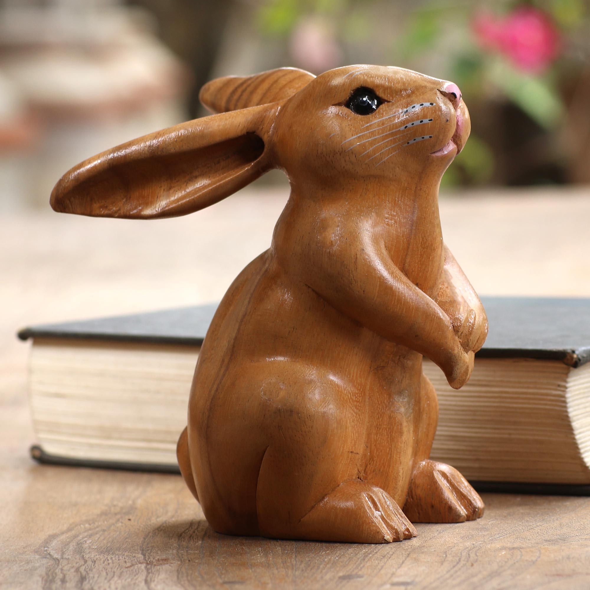 Premium Handcrafted Brown Bunny Sculpture - Adorable Suar Wood Rabbit