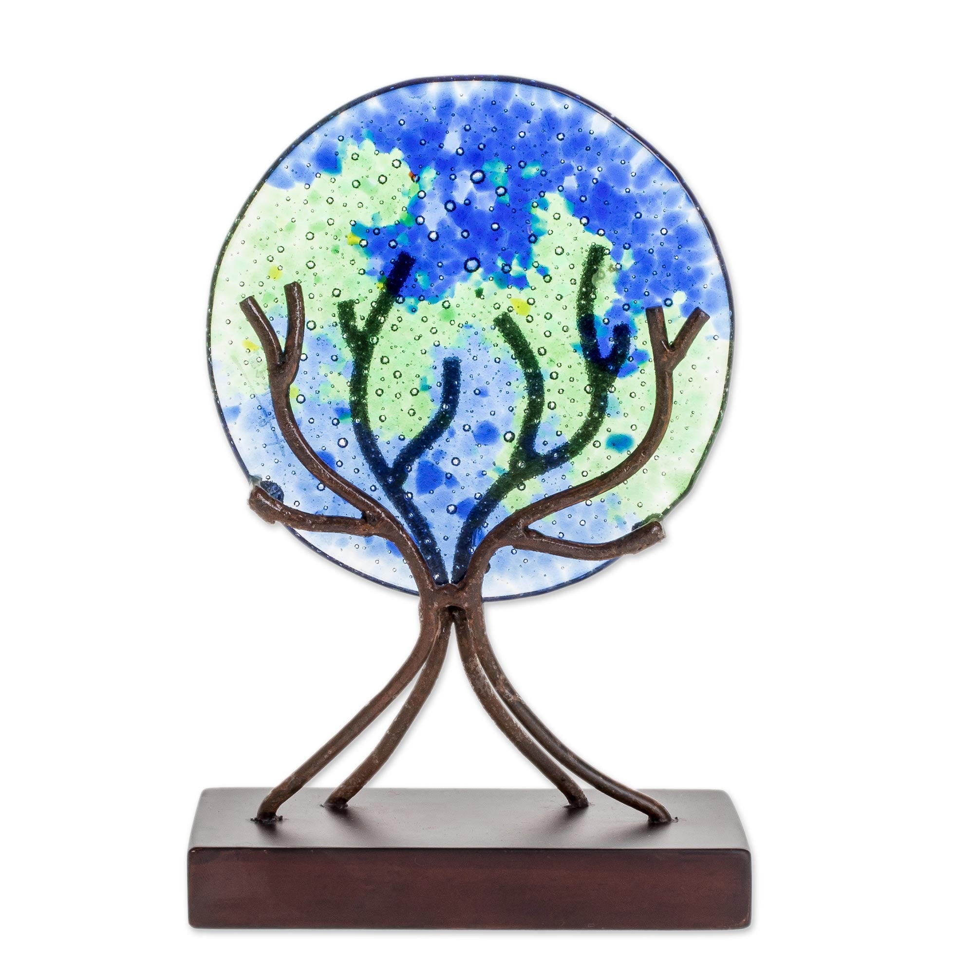 Premium Blue Circular Art Glass Sculpture - Handcrafted Tree of Life Design from El Salvador