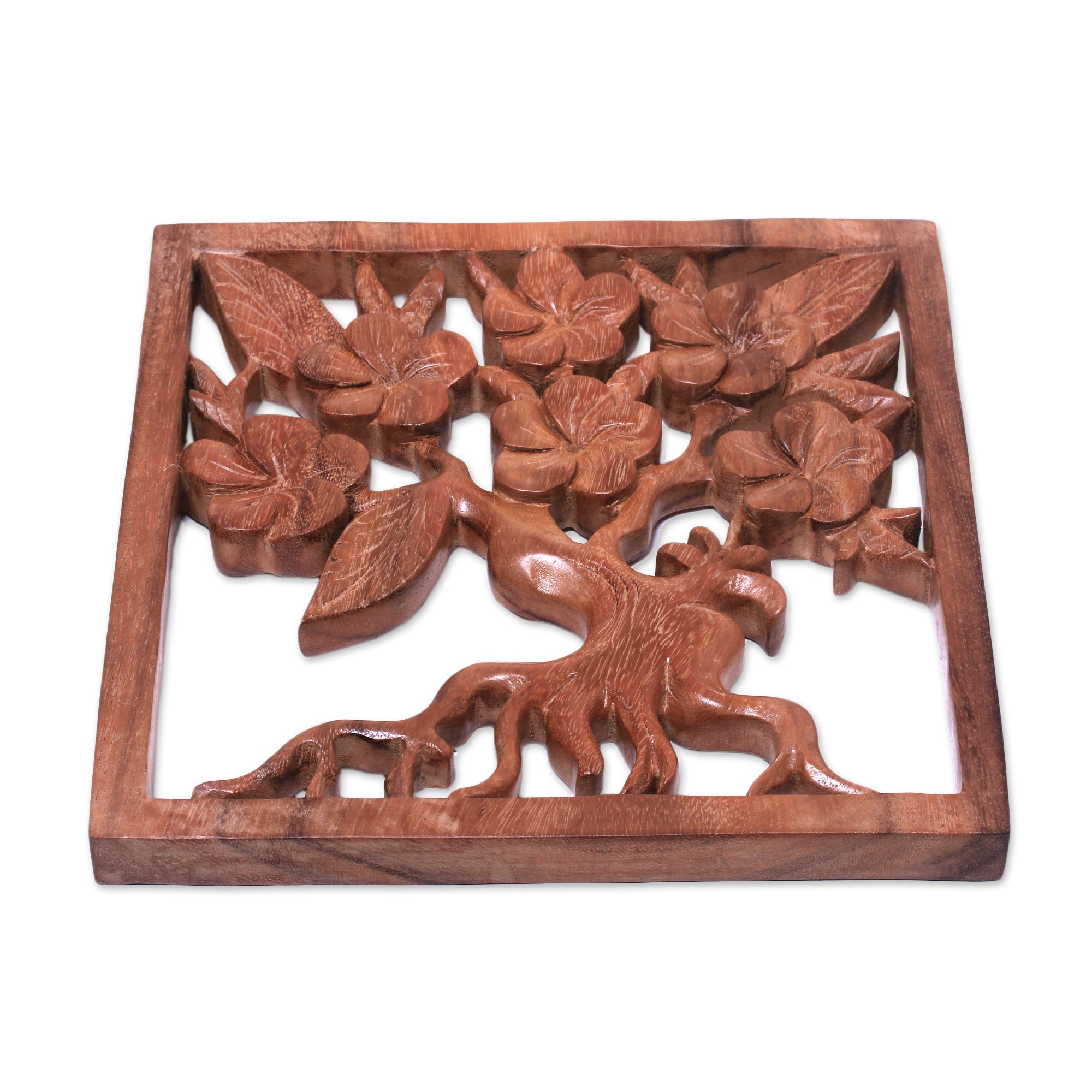 Premium Hand-Carved Plumeria Tree Wood Wall Art – Suar Wood Relief Panel