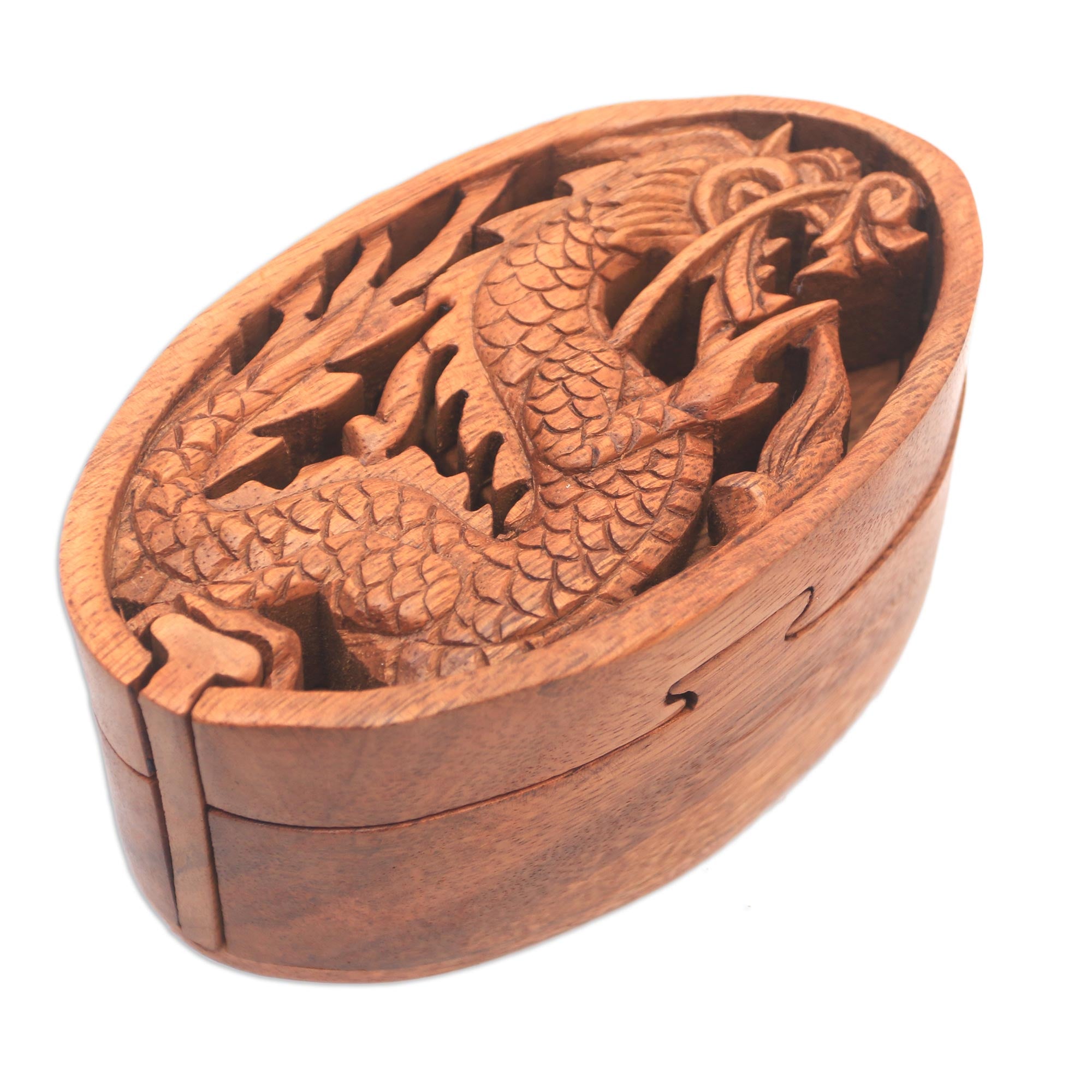 Premium Dragon-Themed Suar Wood Puzzle Box - Handcrafted Oval Design from Bali