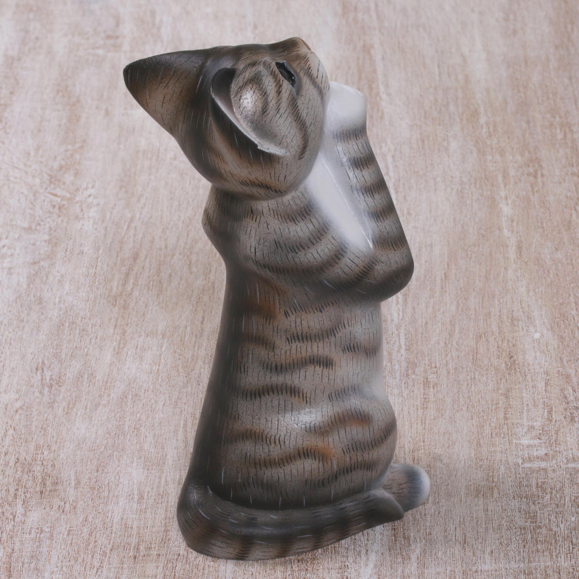 Premium Grey Wishing Cat Sculpture – Handcrafted Suar Wood Art from Bali