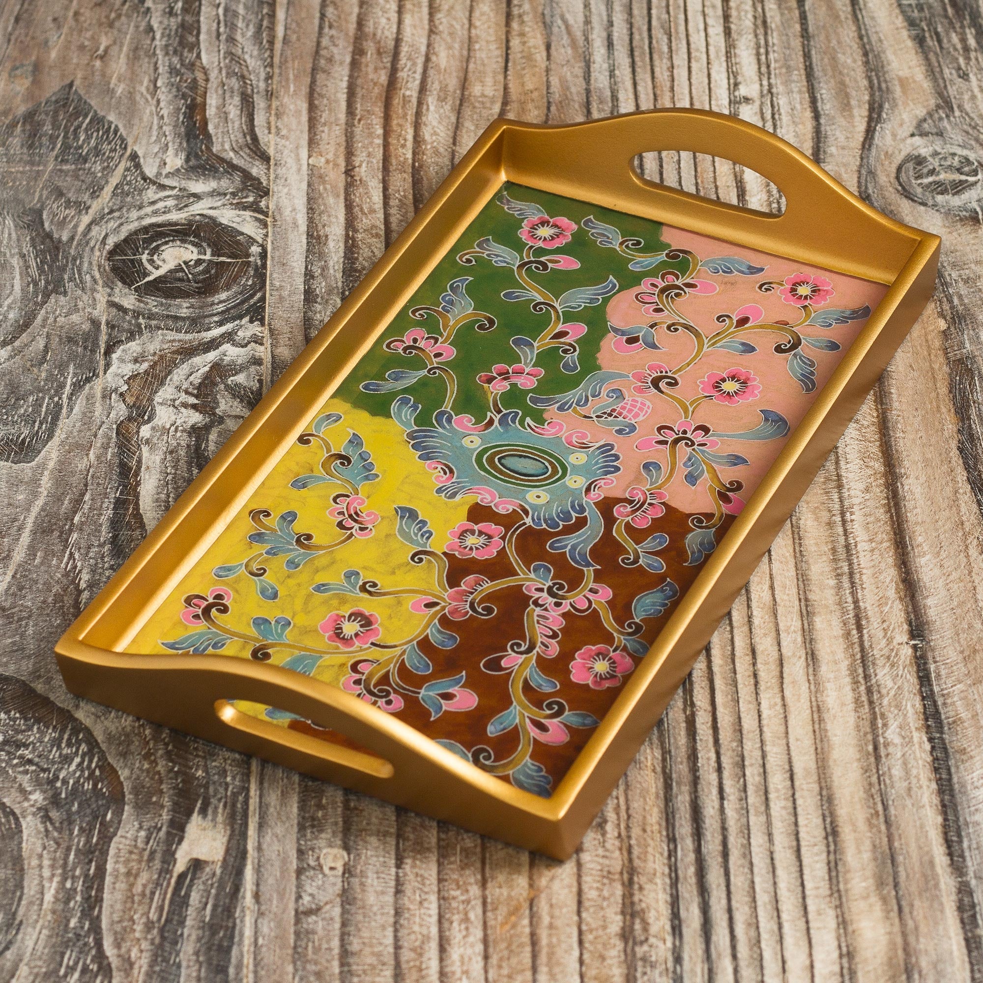 Premium Miraflores Reverse-Painted Glass Floral Tray – Handcrafted Elegance