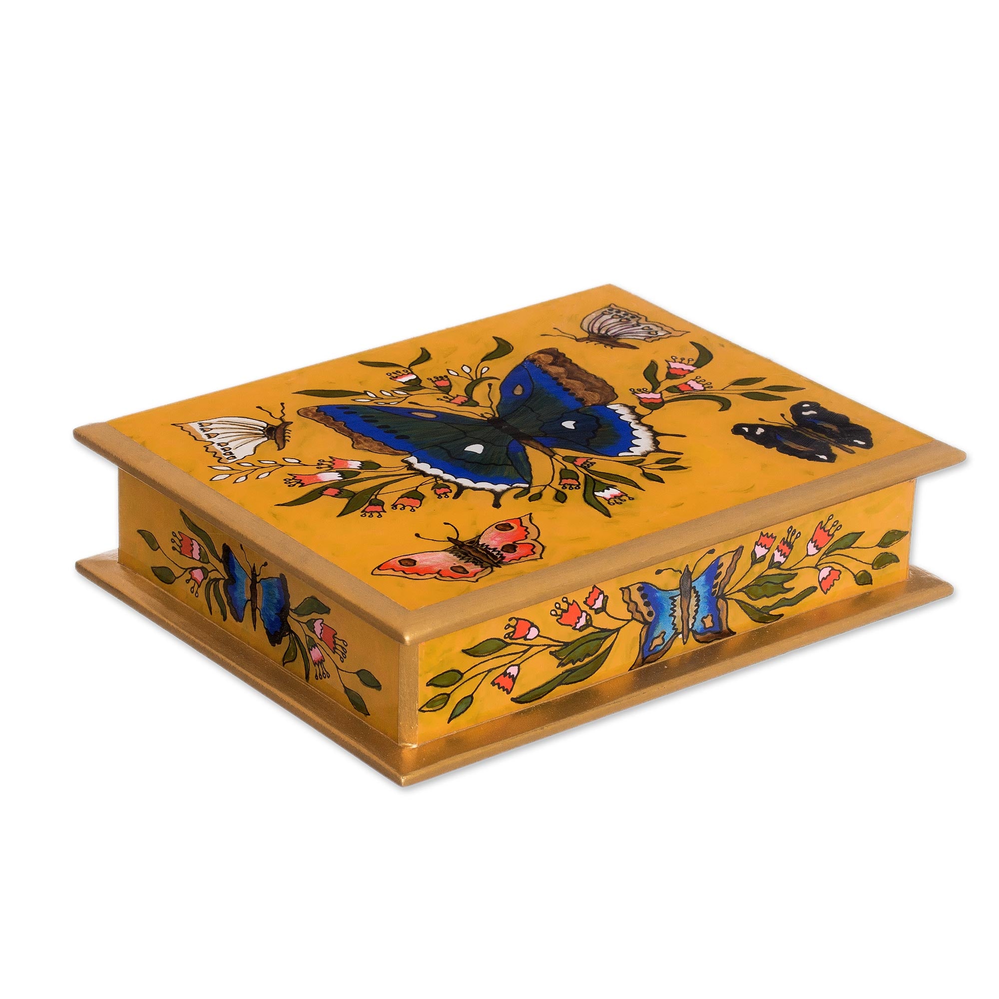 Premium Butterfly Reverse Painted Glass Jewelry Box - Handcrafted Wooden Treasure