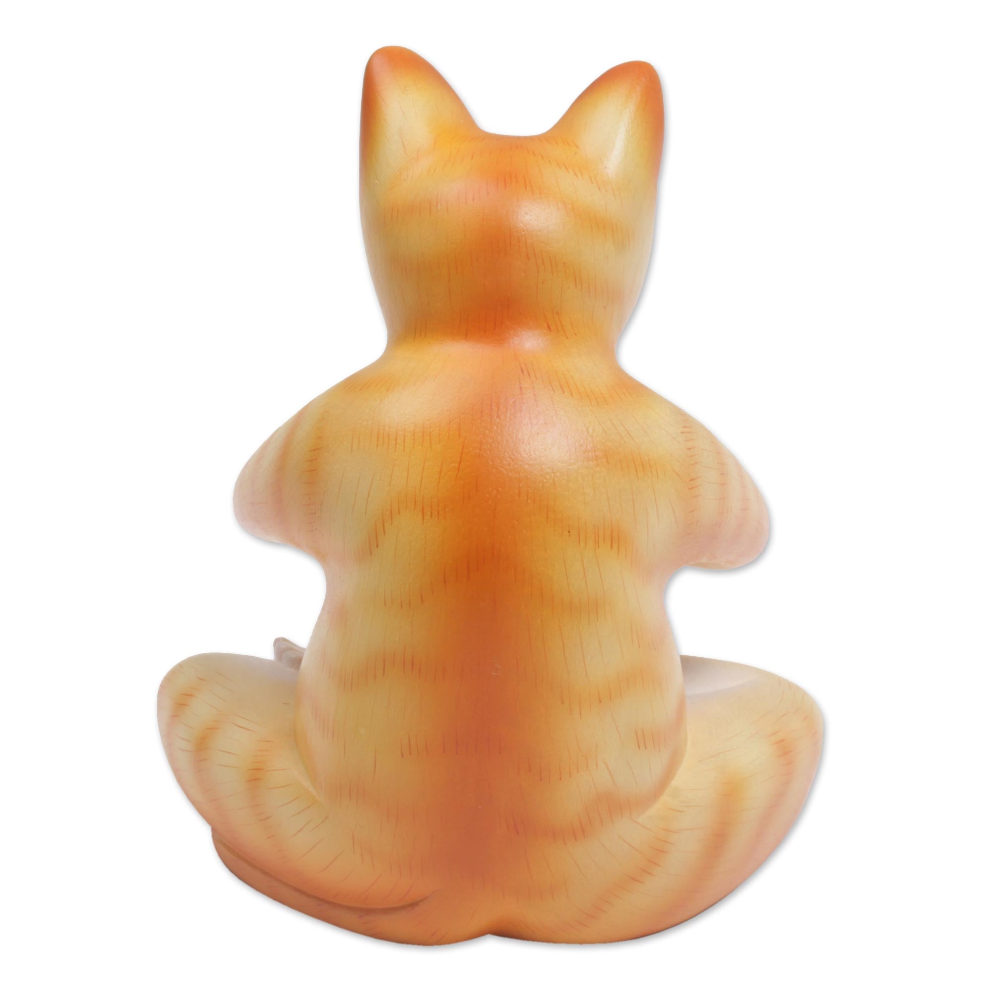 Premium Meditating Kitty Statue - Hand-Carved Suar Wood Cat Sculpture in Orange & White