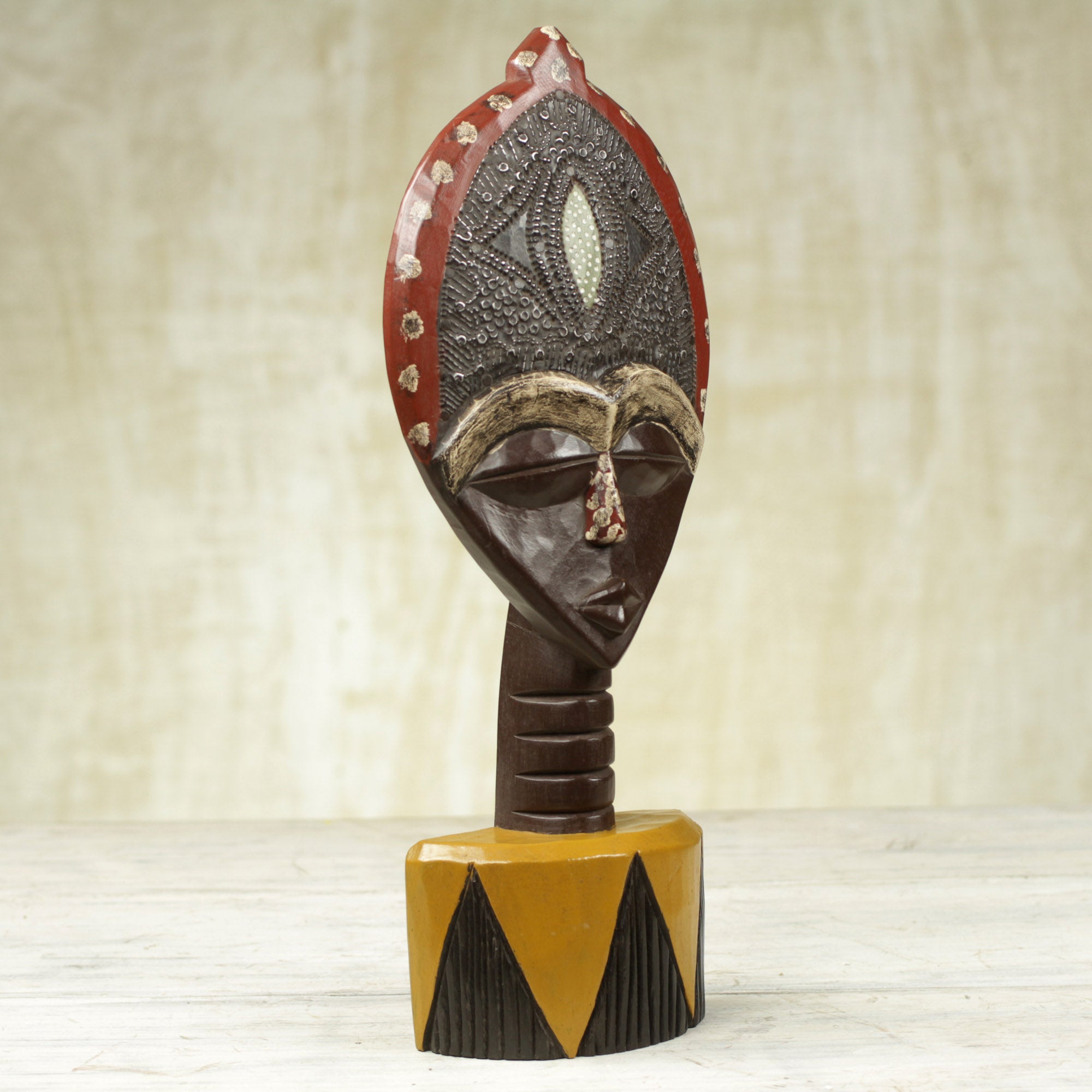 Premium Biakoye Ghanaian Sese Wood Mask Sculpture with Aluminum Plating - Handcrafted Art Piece