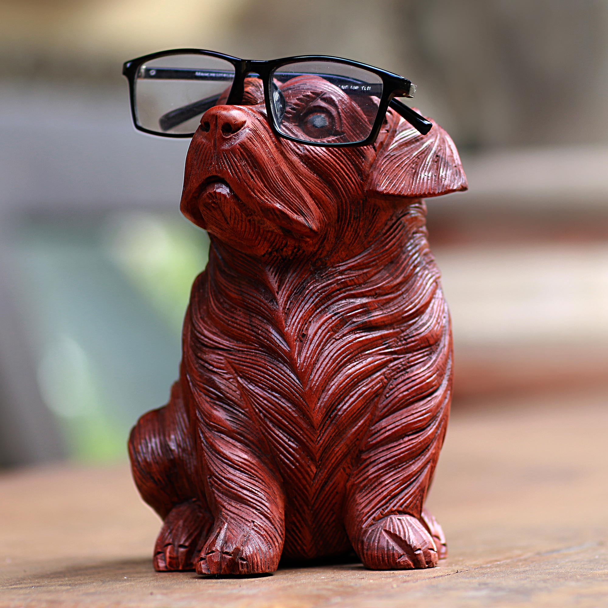 Premium Hand-Carved Suar Wood Pug Eyeglasses Holder - Ultimate Desk Companion