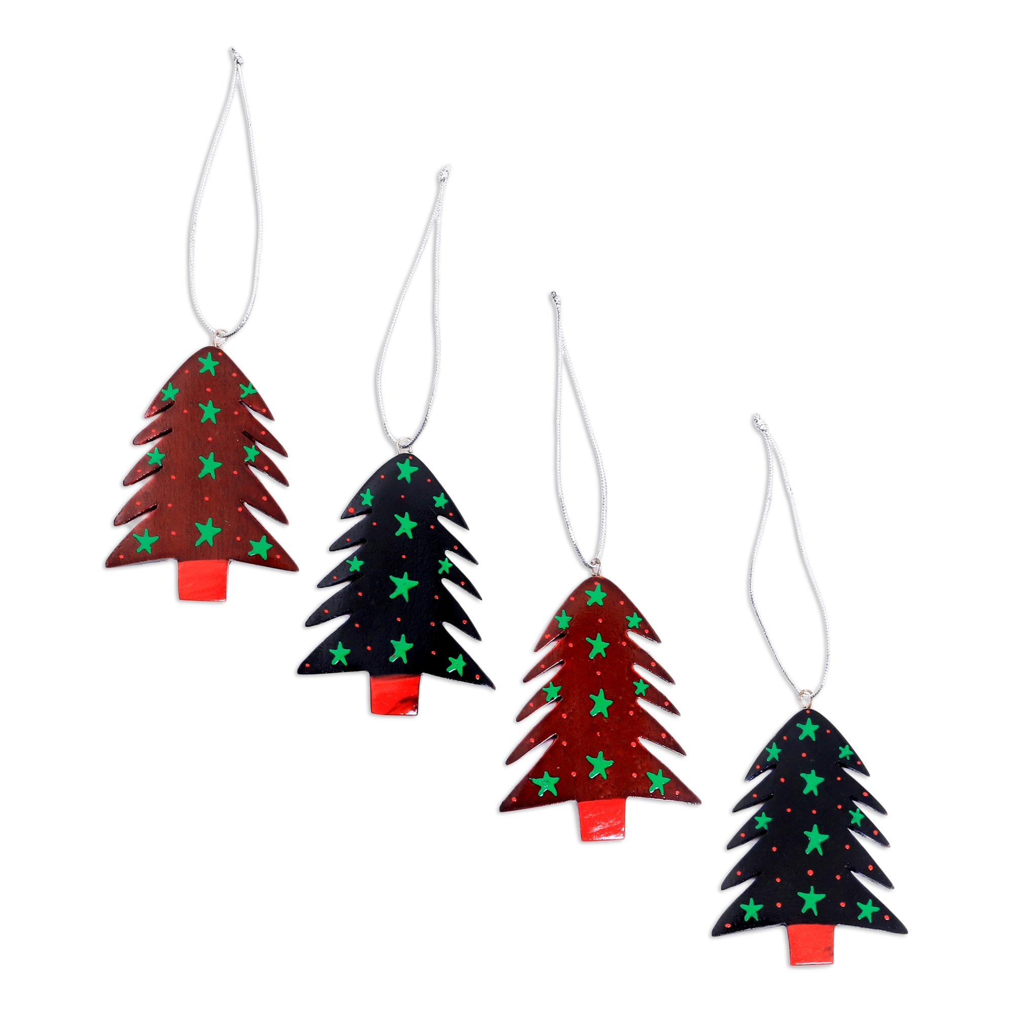 Premium Hand-Painted Mahogany Tree Ornaments - Set of 4 (Starlit Collection)