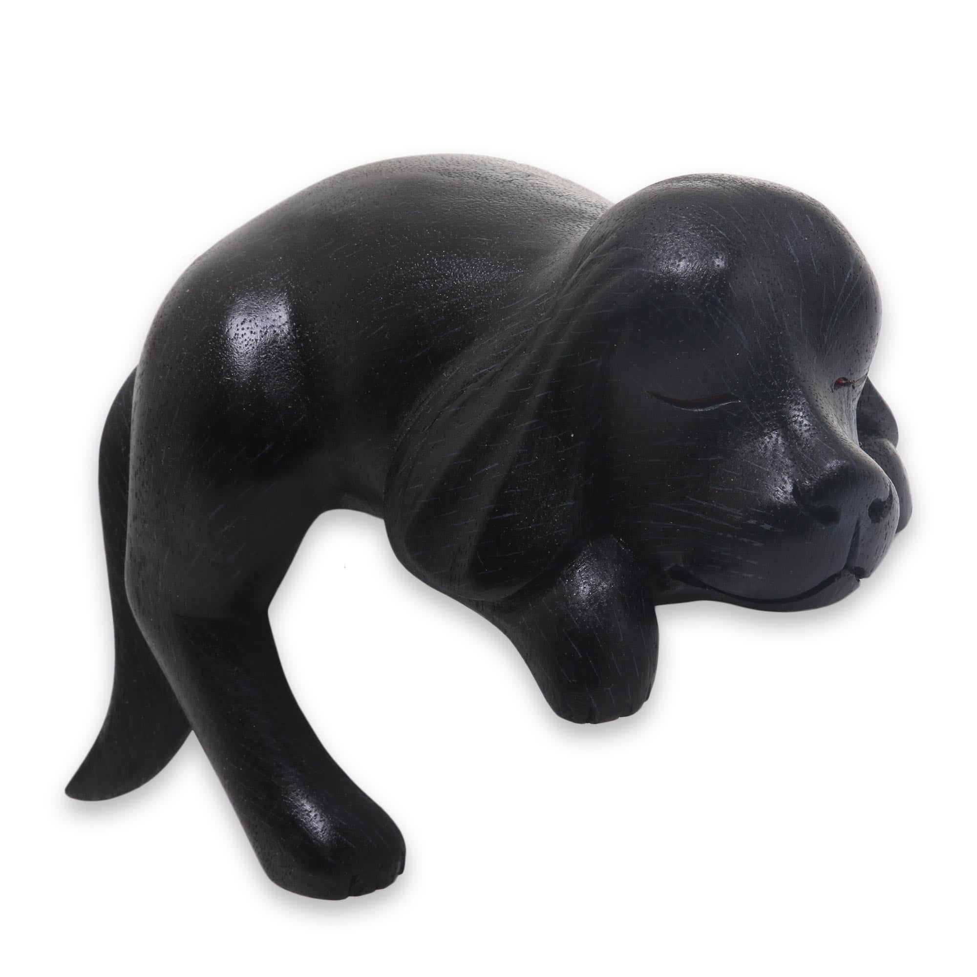 Premium Handcrafted Sleeping Black Cocker Spaniel Puppy Wood Sculpture