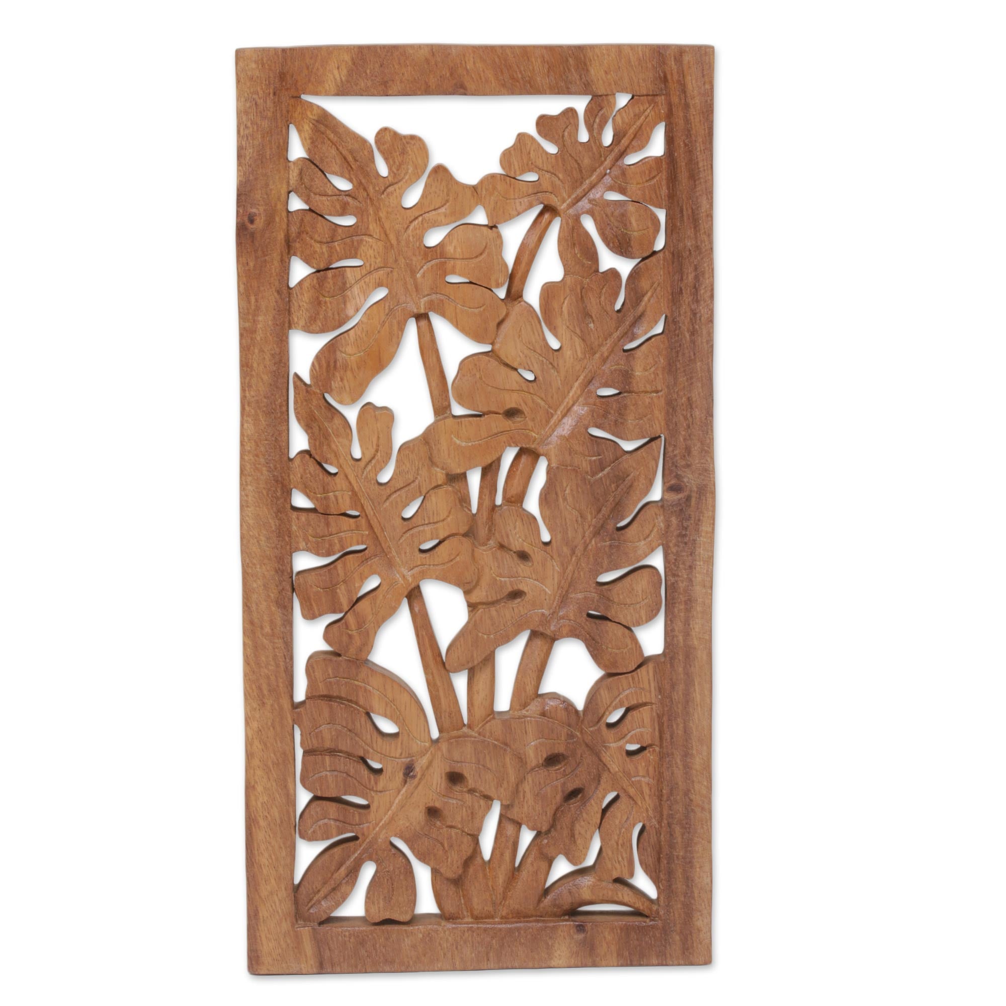 Premium Philodendron Leaf Wall Art - Handmade Suar Wood Relief Panel from Indonesia